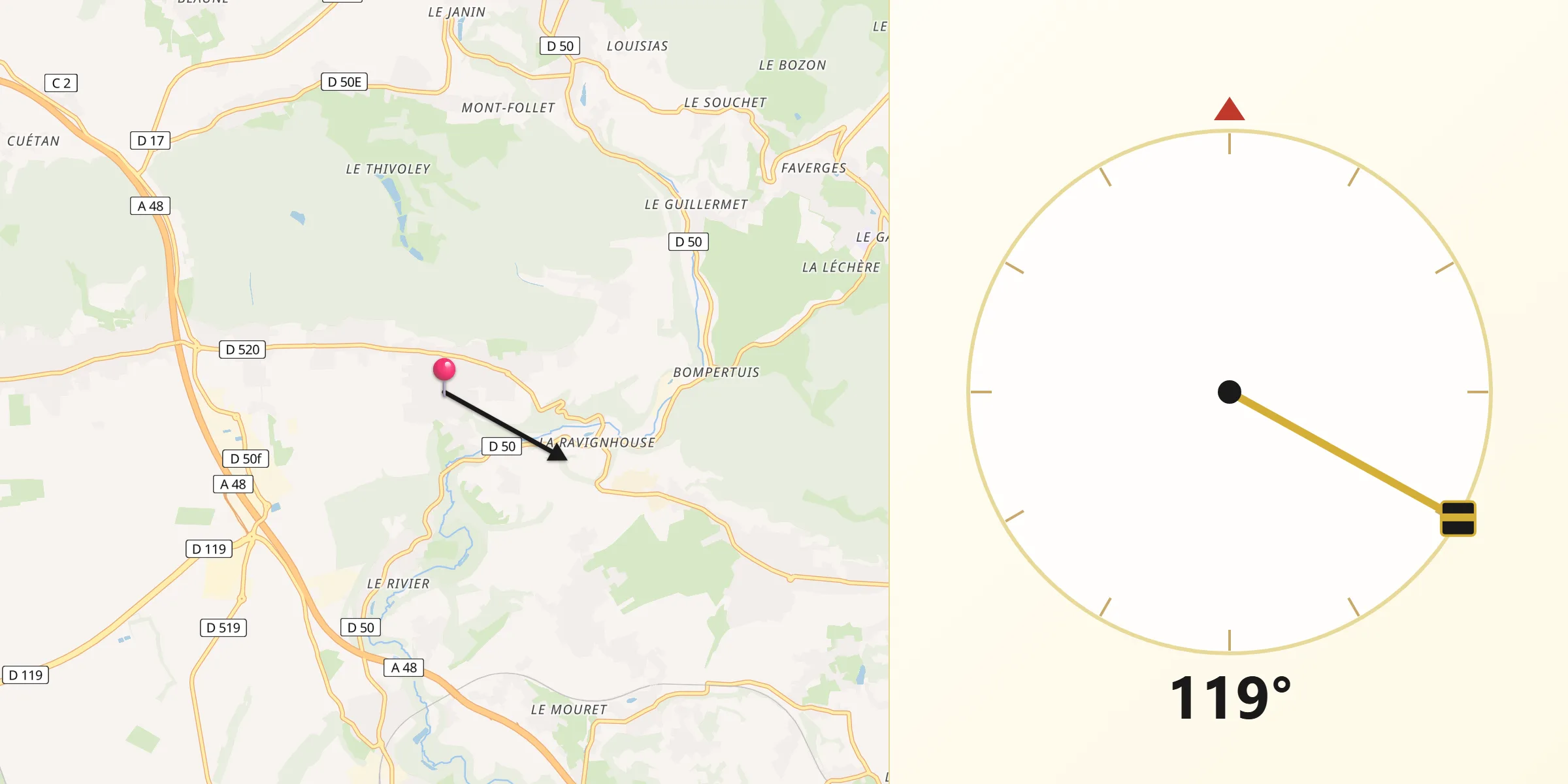 Direction vers la Qibla depuis Apprieu