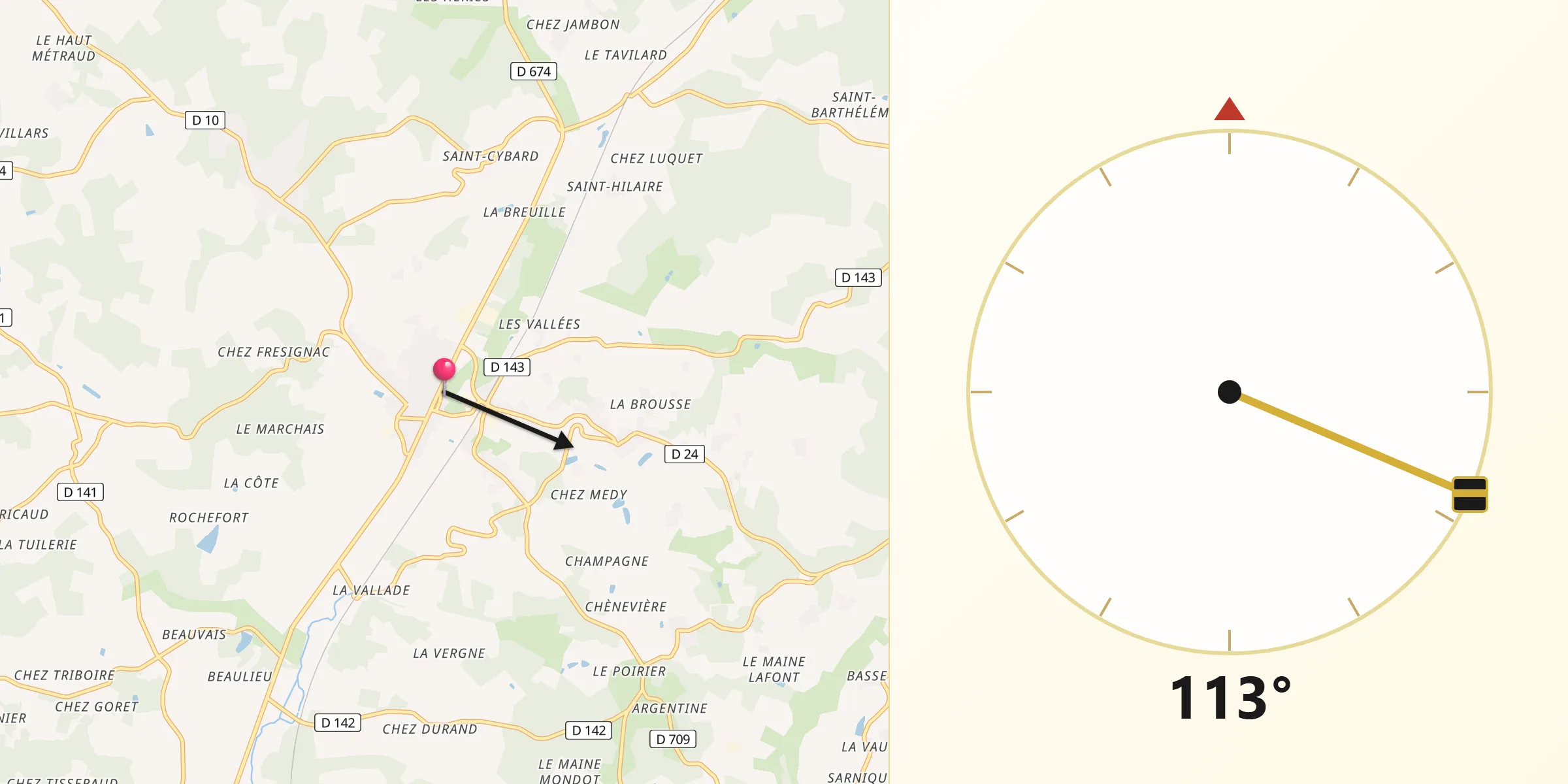 Direction vers la Qibla depuis Montmoreau-Saint-Cybard