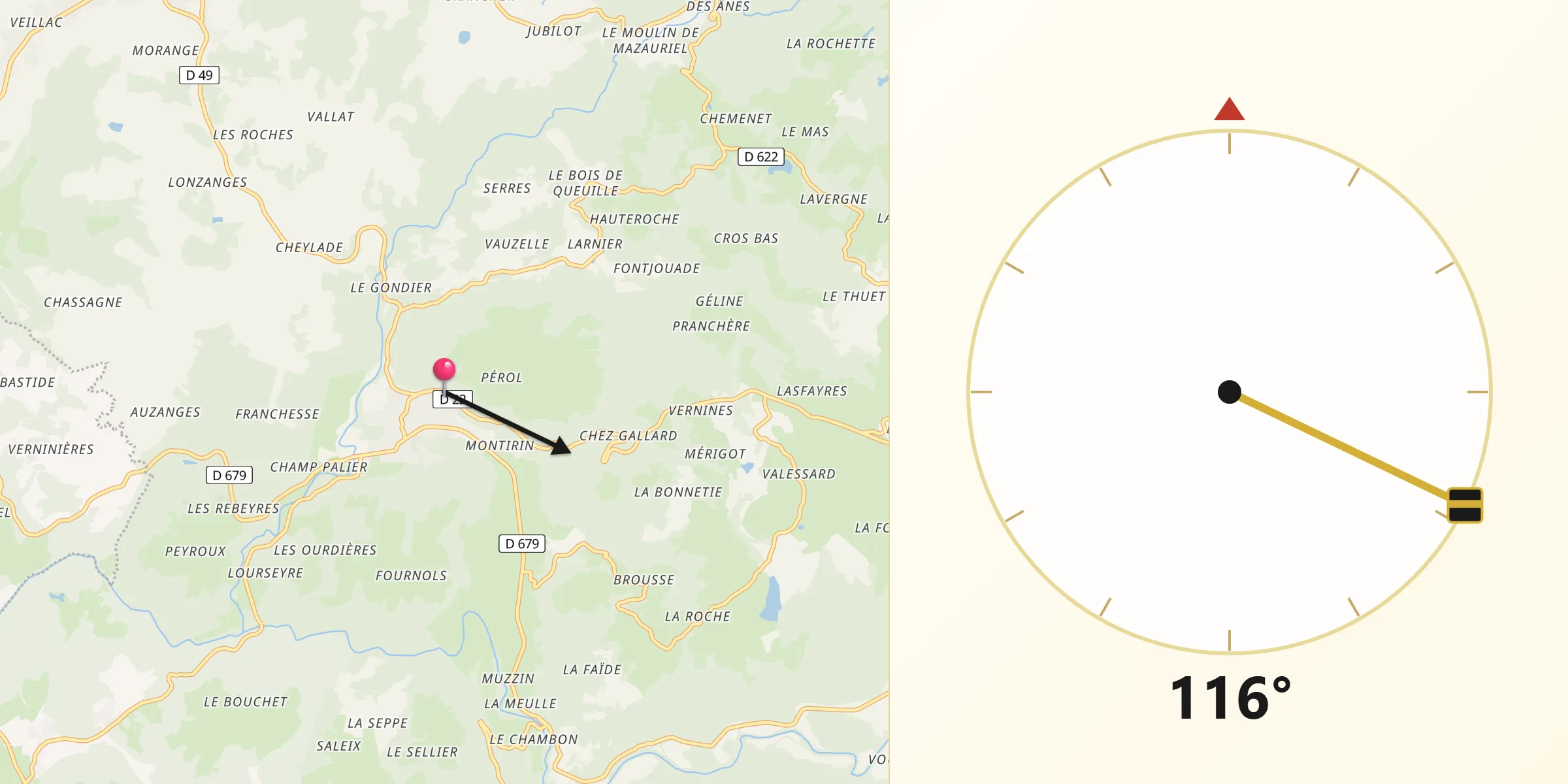 Direction vers la Qibla depuis Champs-sur-Tarentaine-Marchal