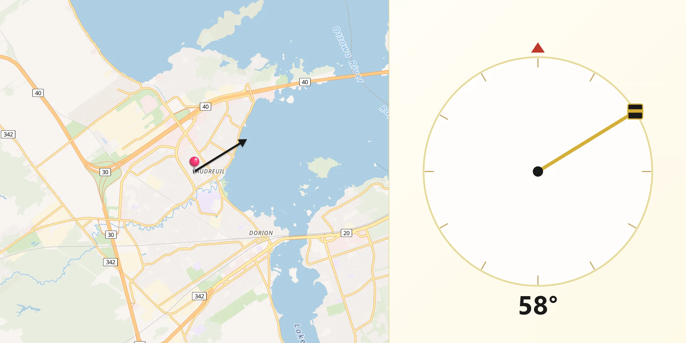 Qibla Direction from Vaudreuil-Dorion