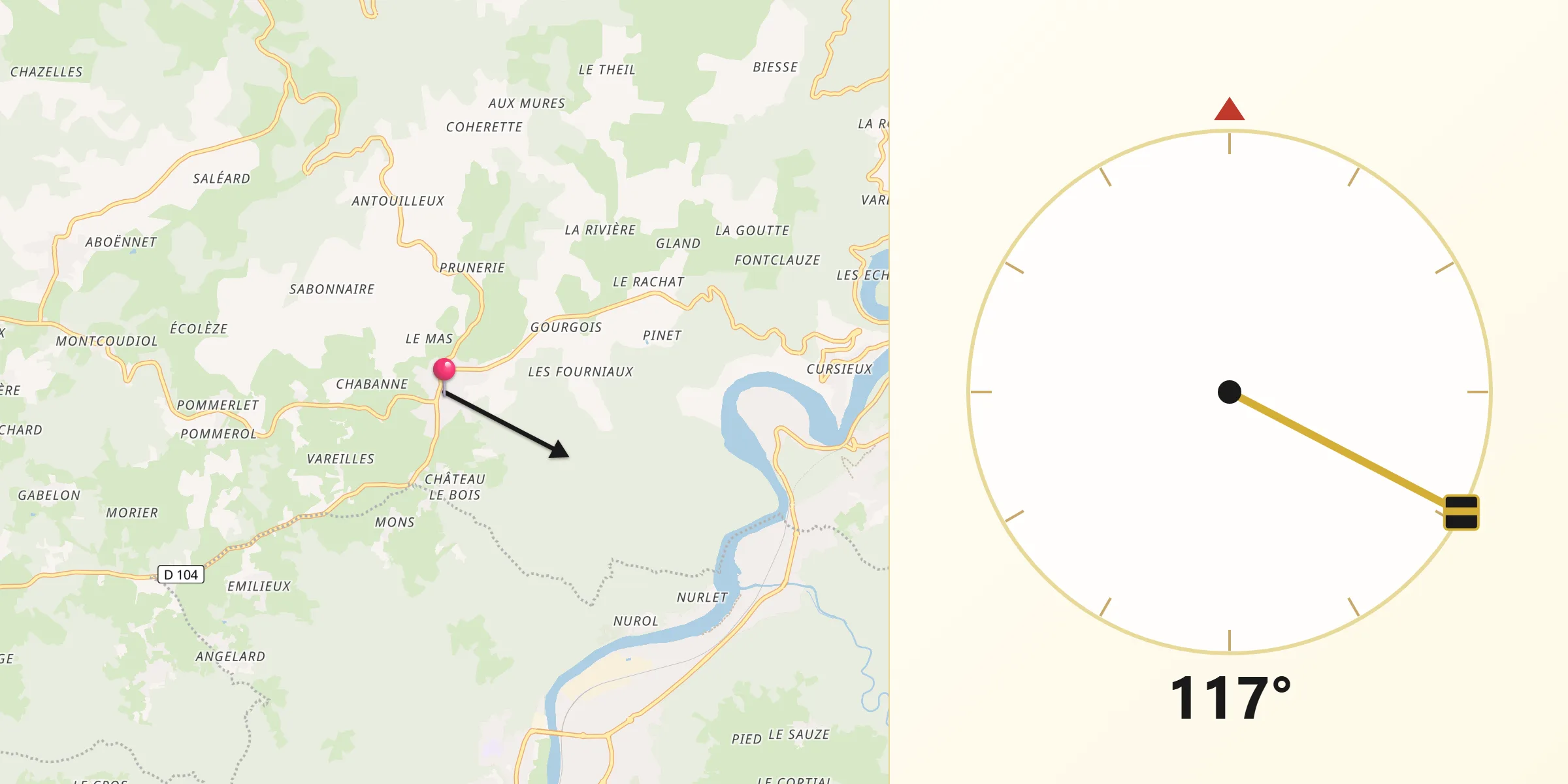 Direction vers la Qibla depuis Saint-Maurice-en-Gourgois