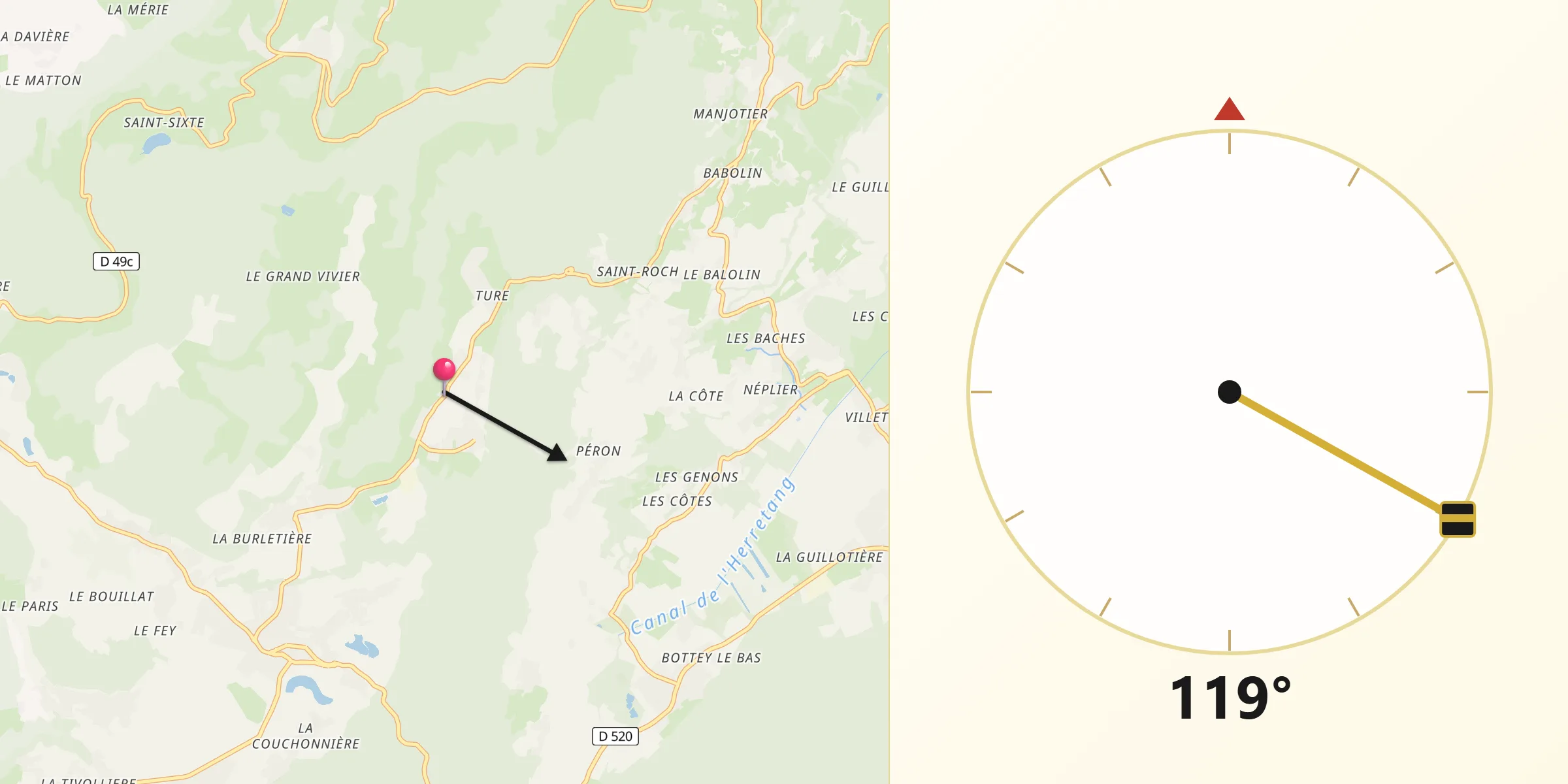 Direction vers la Qibla depuis Saint-Aupre
