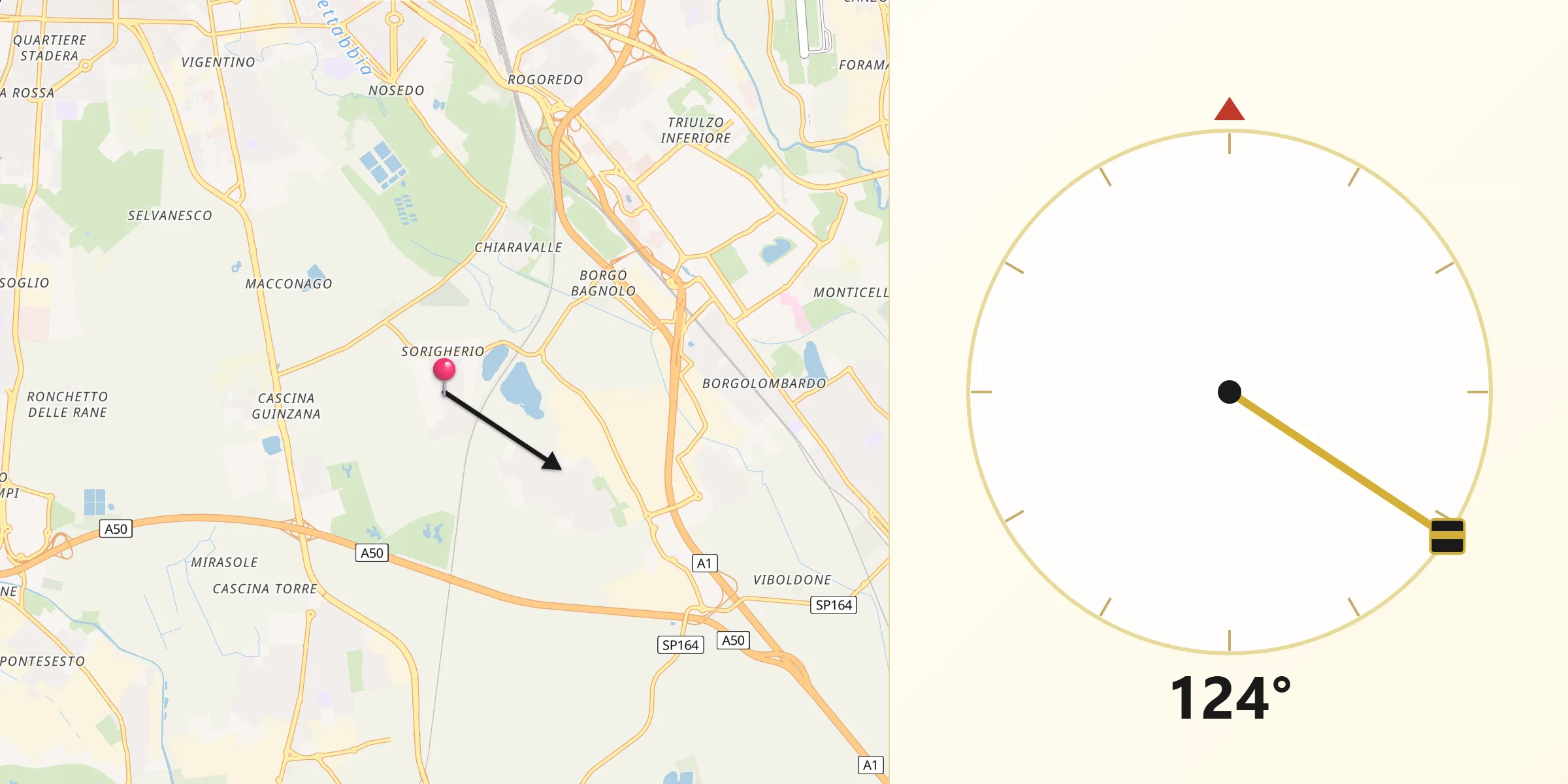 Direzione della Qibla da Poasco-Sorigherio