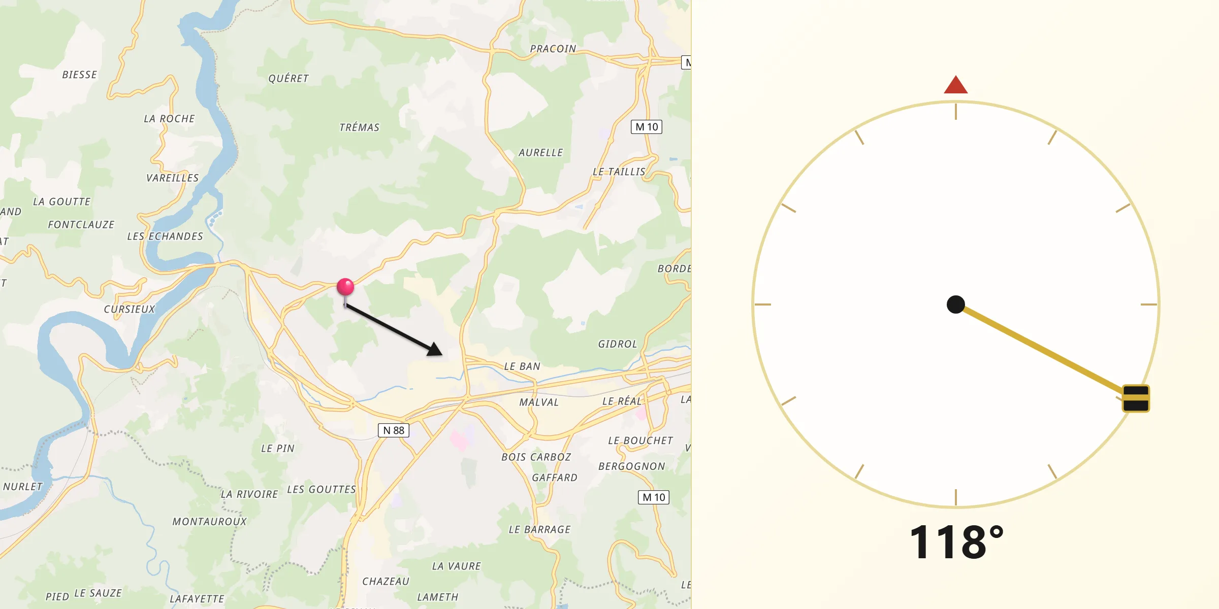Direction vers la Qibla depuis Unieux