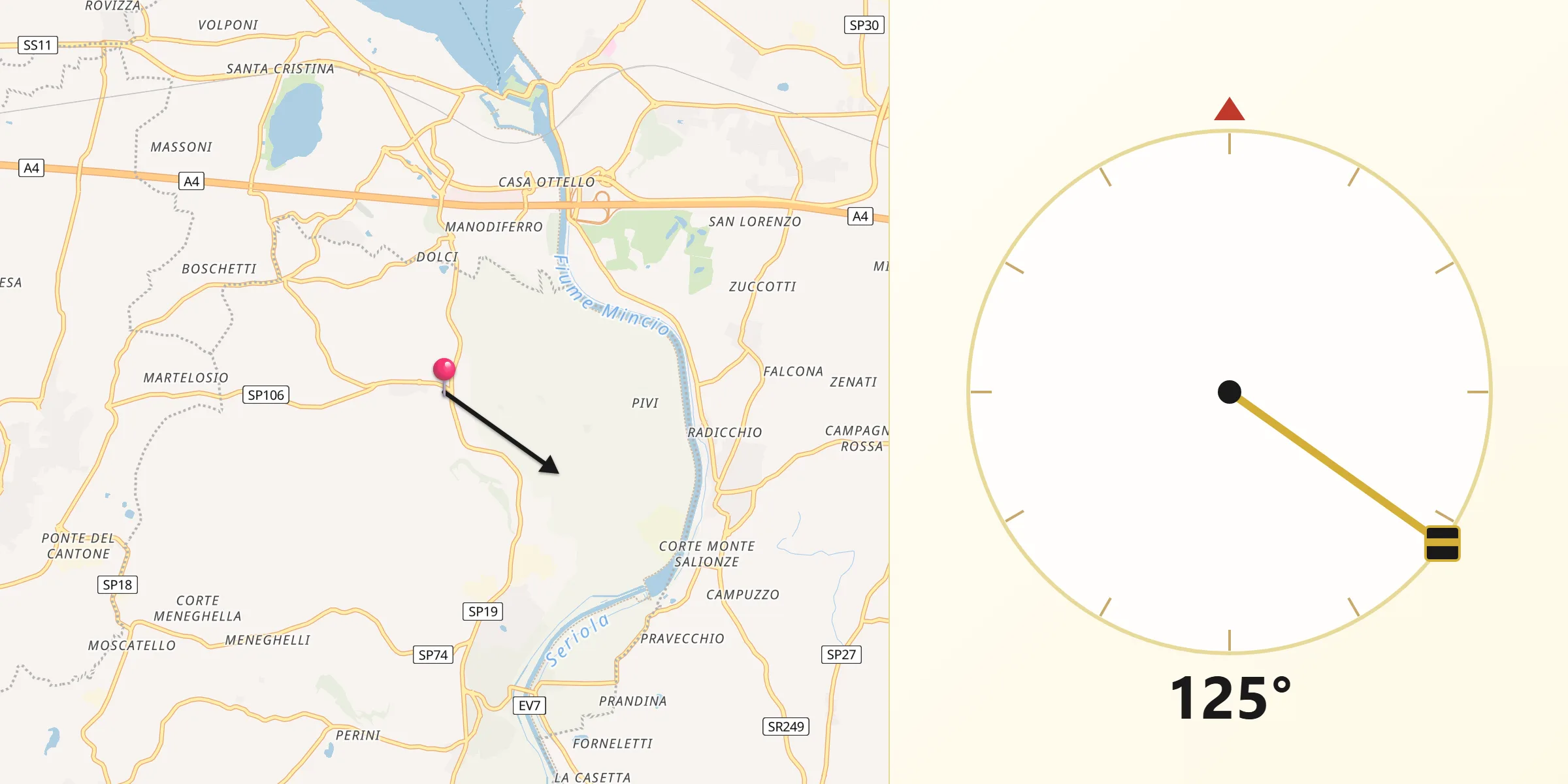Direzione della Qibla da Ponti sul Mincio
