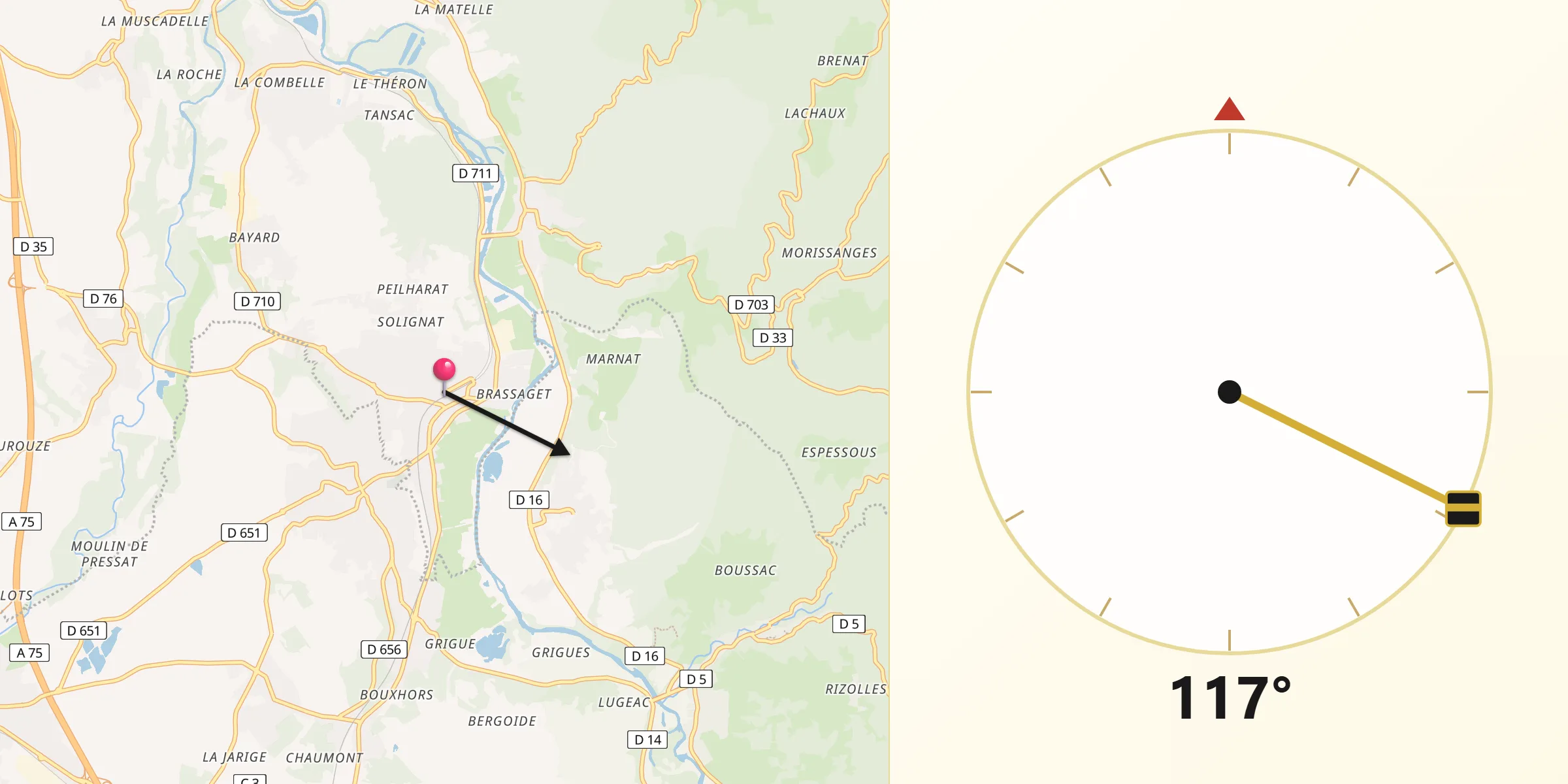 Direction vers la Qibla depuis Brassac-les-Mines