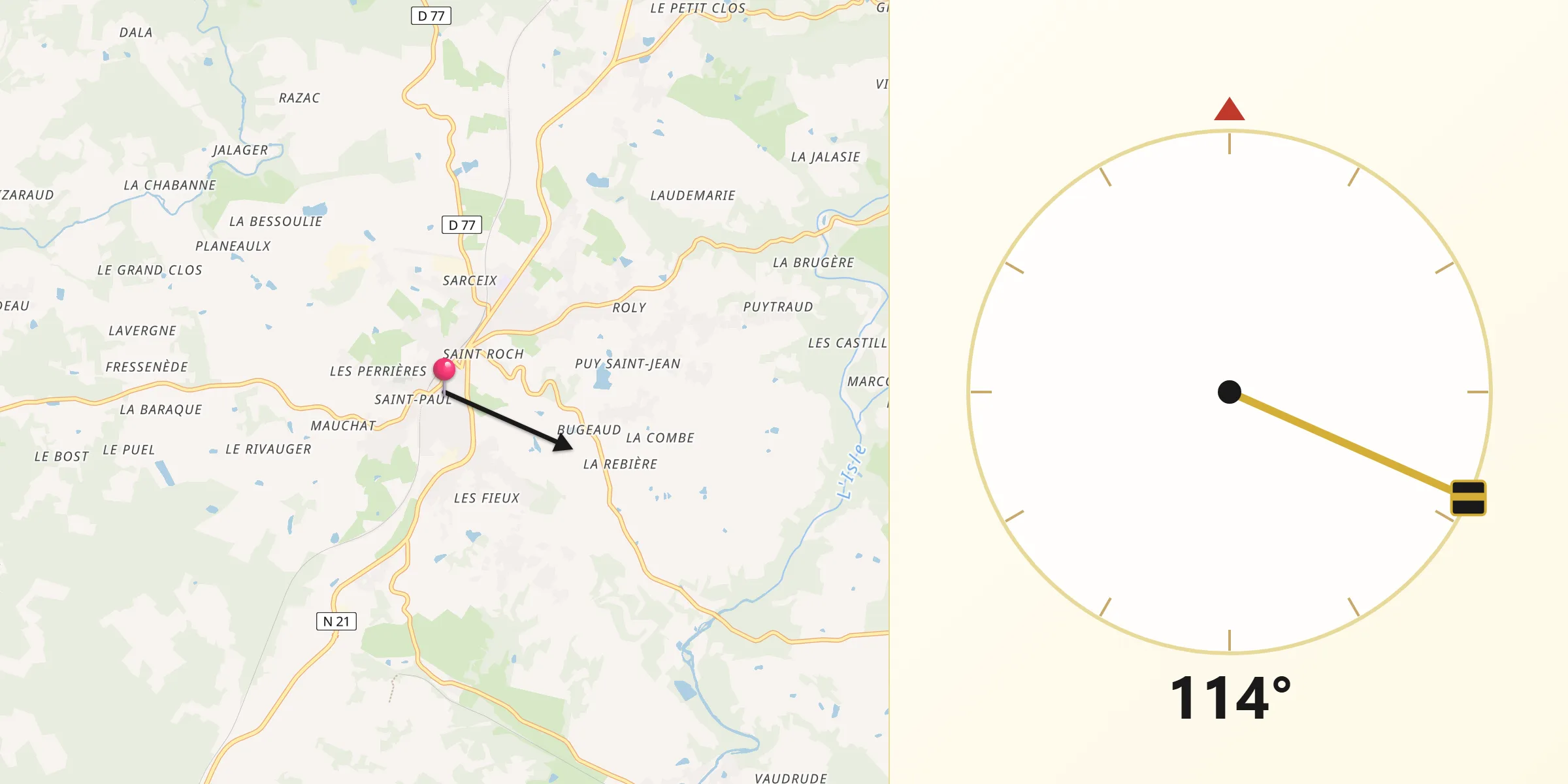 Direction vers la Qibla depuis Thiviers