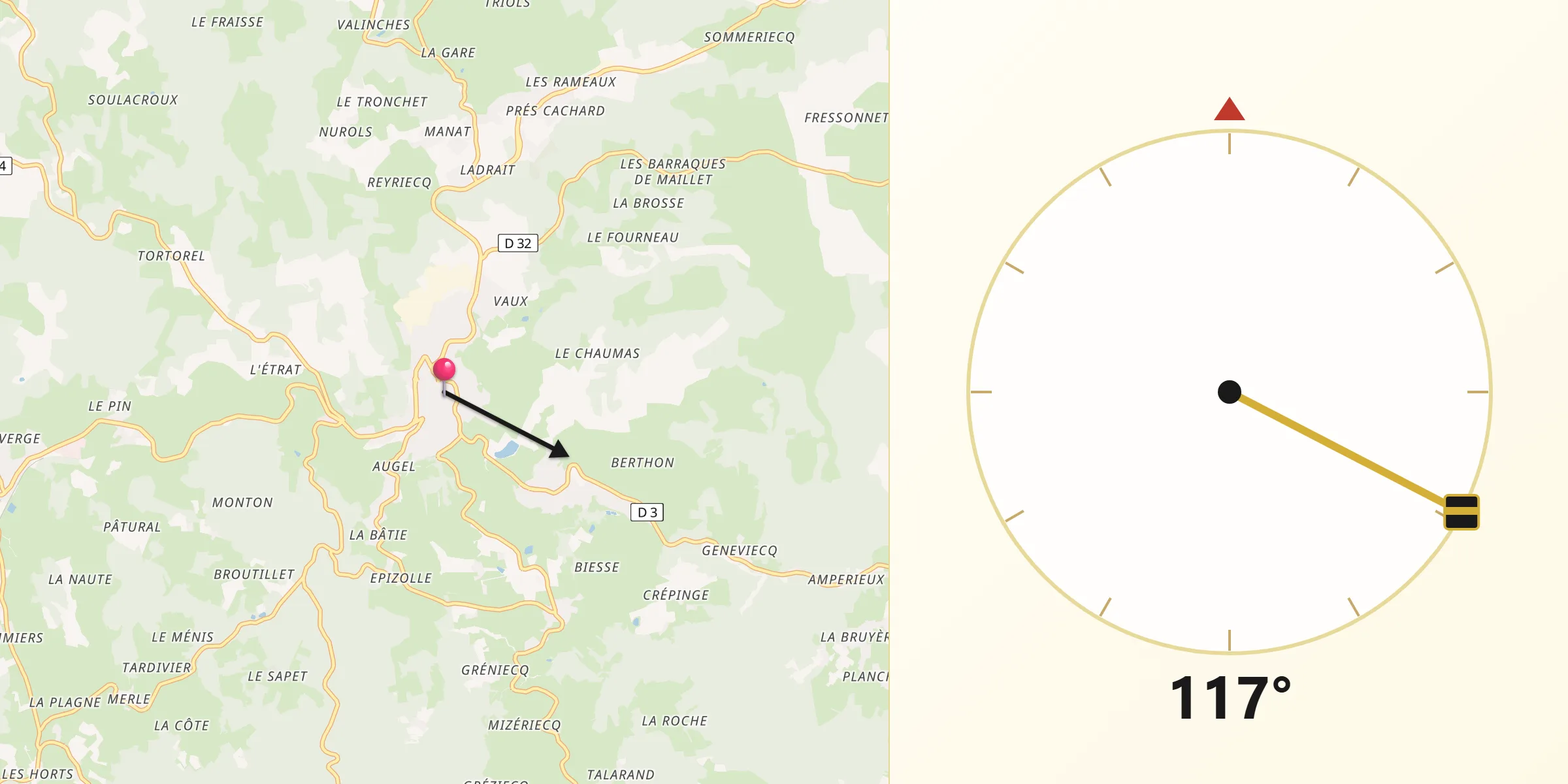 Direction vers la Qibla depuis Saint-Bonnet-le-Château