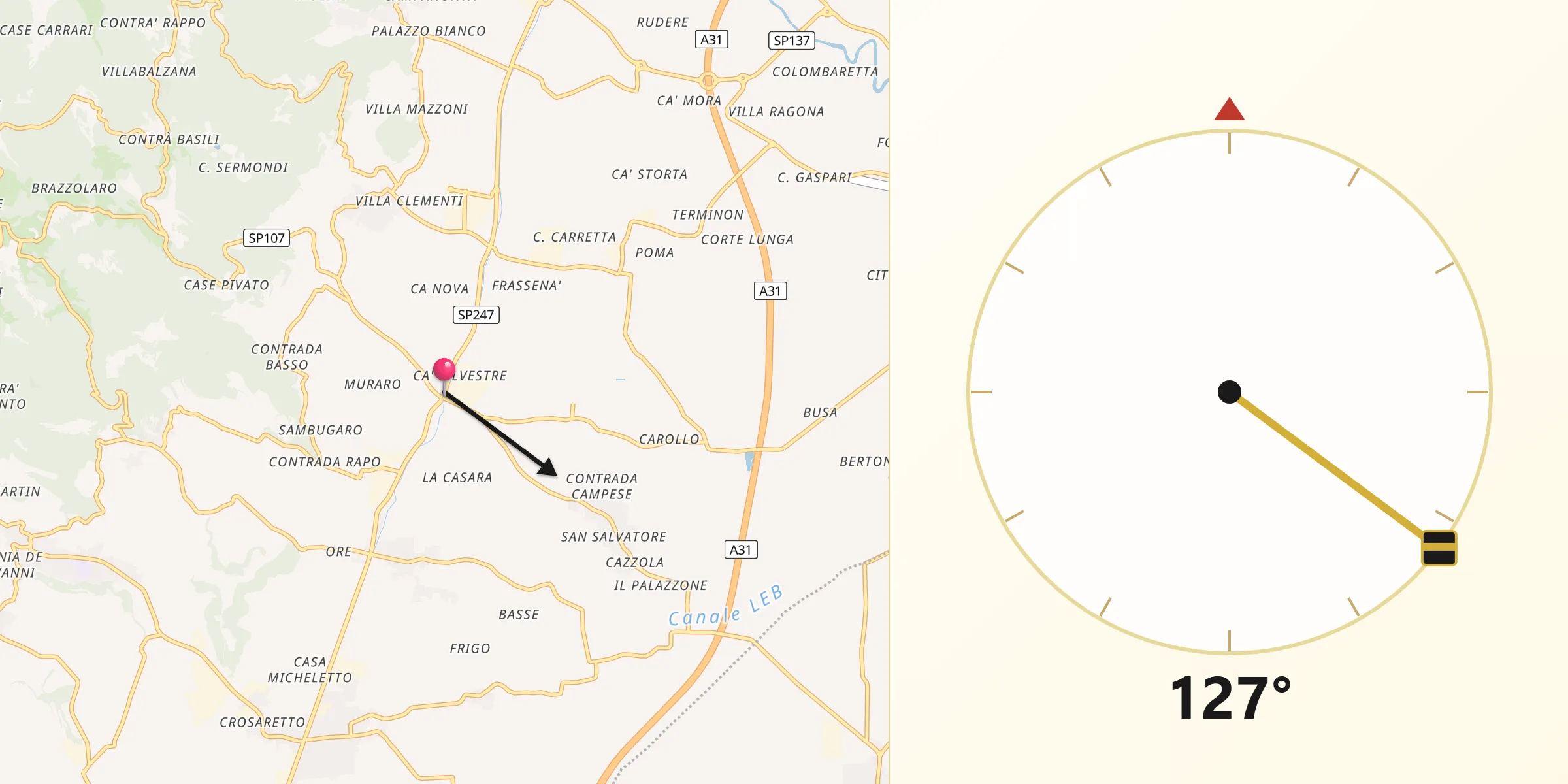 Direzione della Qibla da Ponte di Nanto