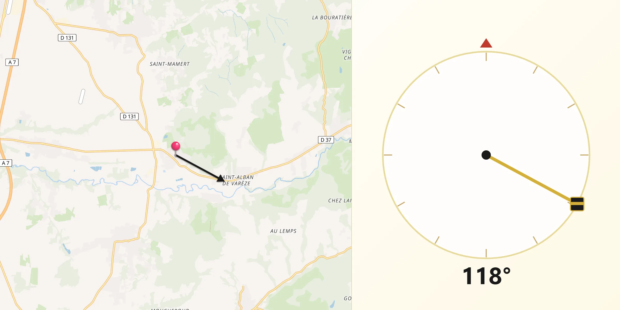 Direction vers la Qibla depuis Vernioz