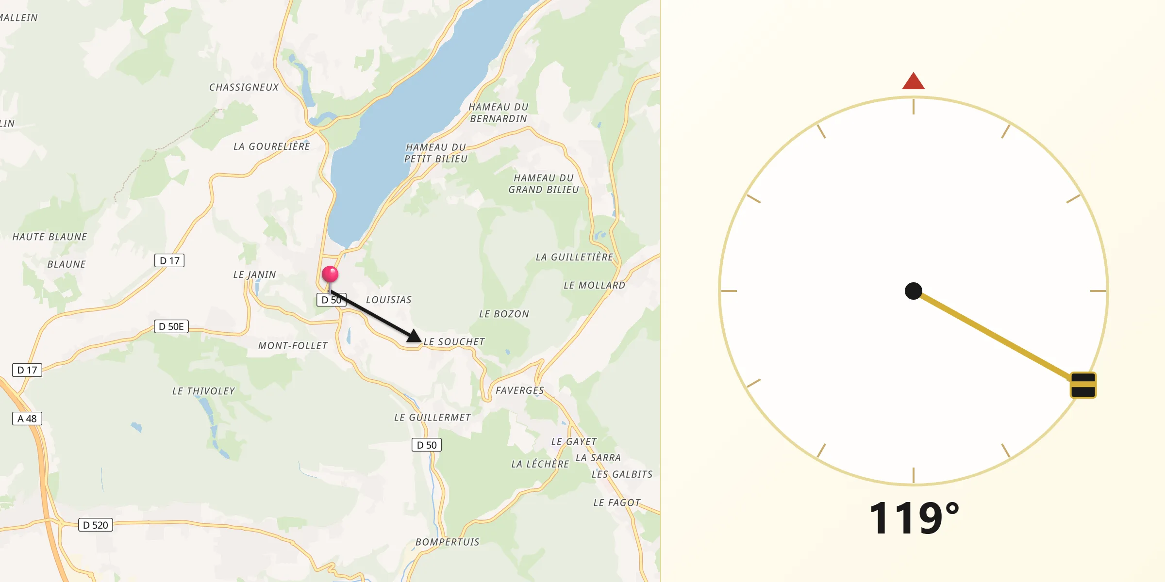 Direction vers la Qibla depuis Charavines