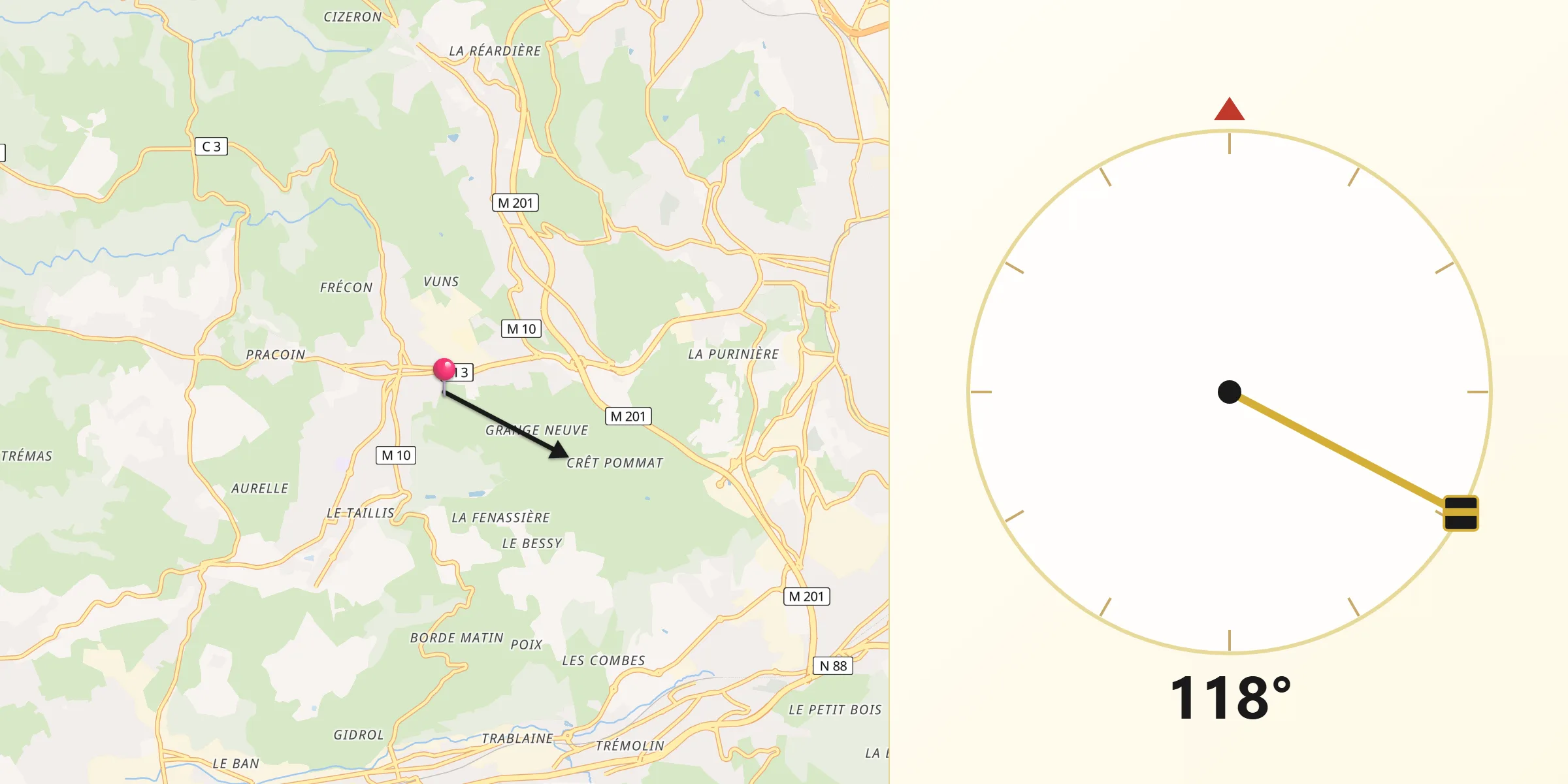 Direction vers la Qibla depuis Roche-la-Molière