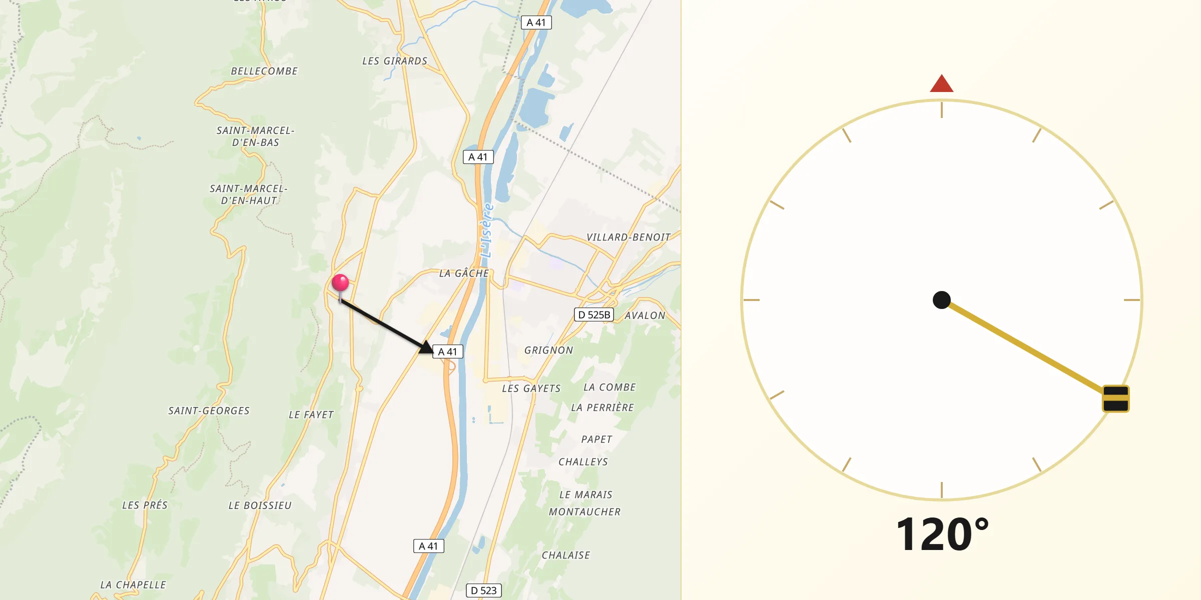 Direction vers la Qibla depuis Barraux