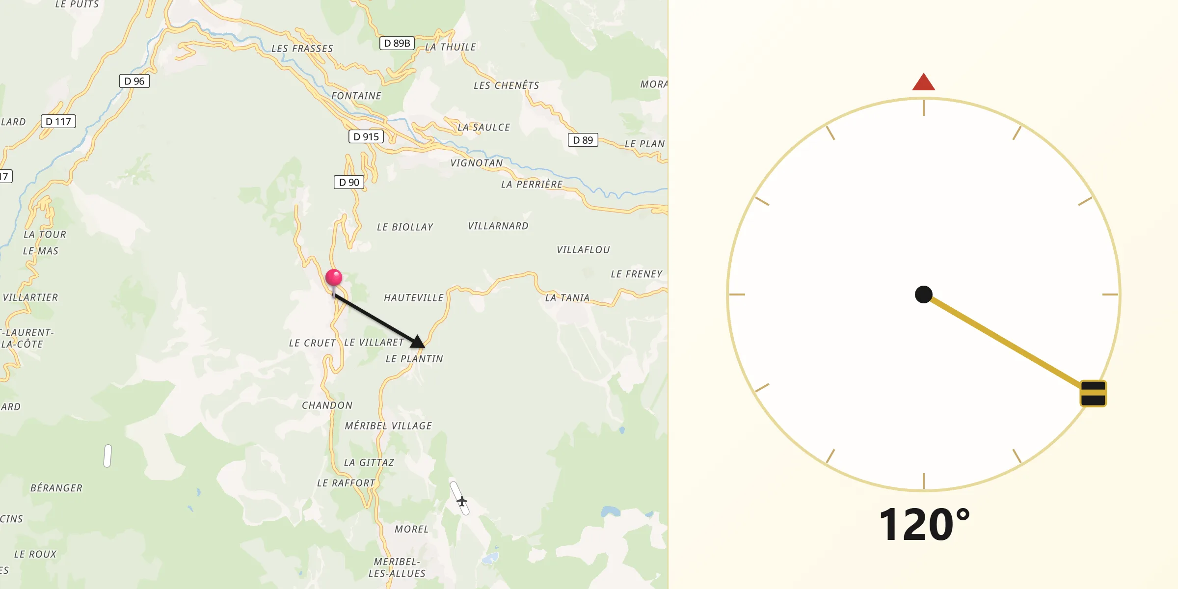 Direction vers la Qibla depuis Les Allues