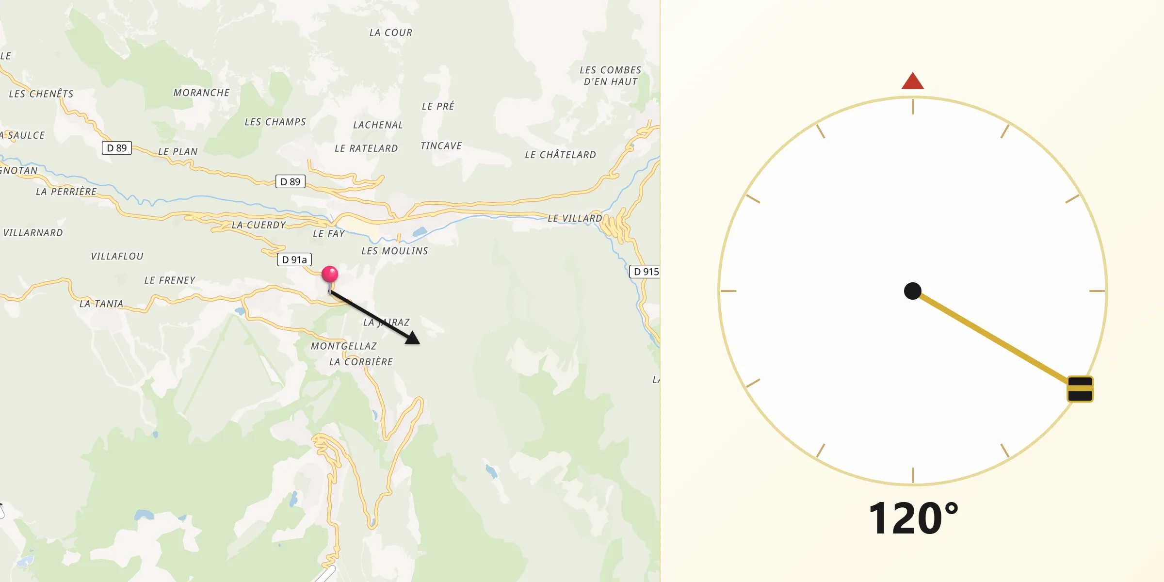 Direction vers la Qibla depuis Saint-Bon-Tarentaise