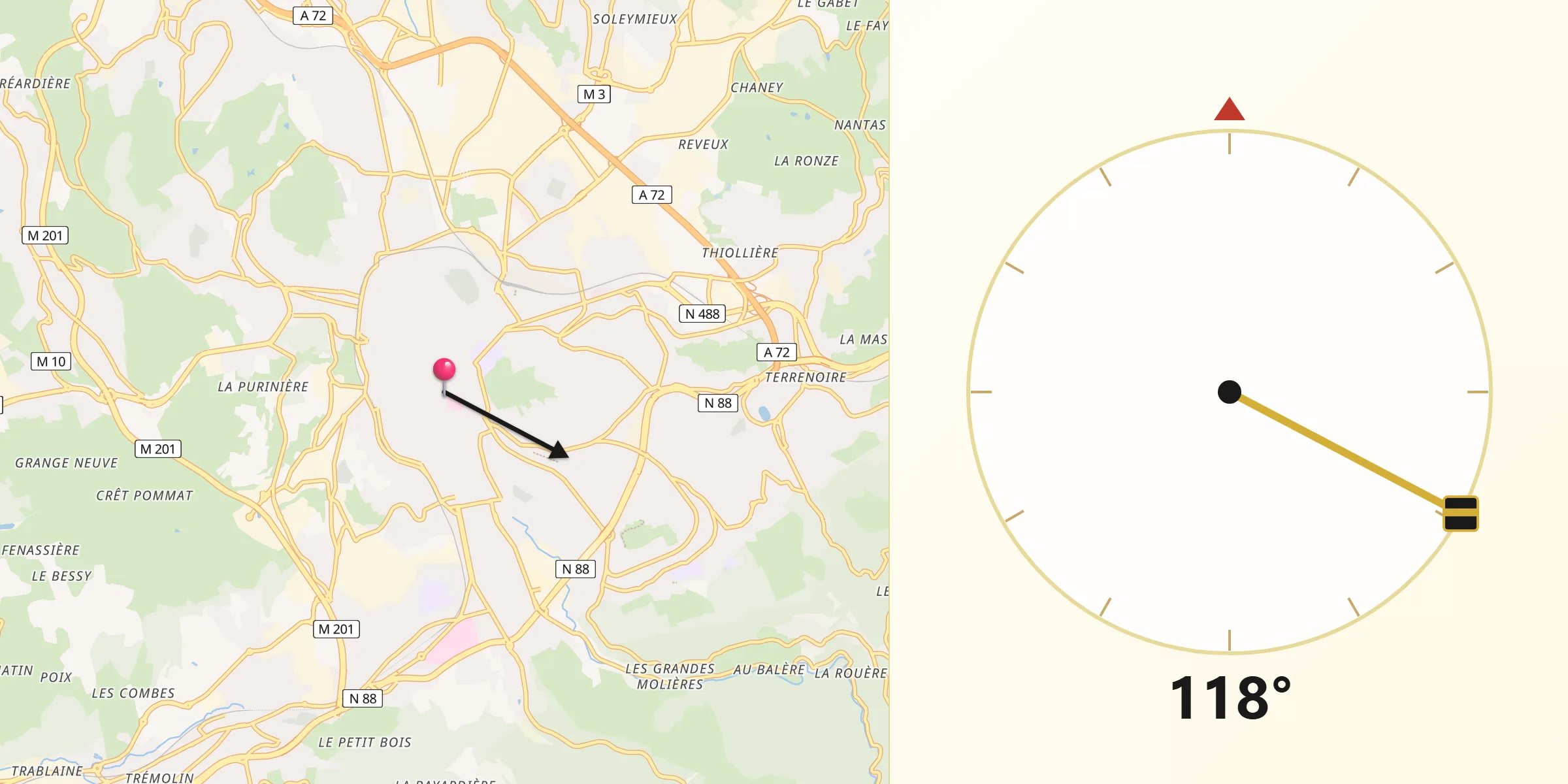 Kierunek Qibla z Saint-Étienne