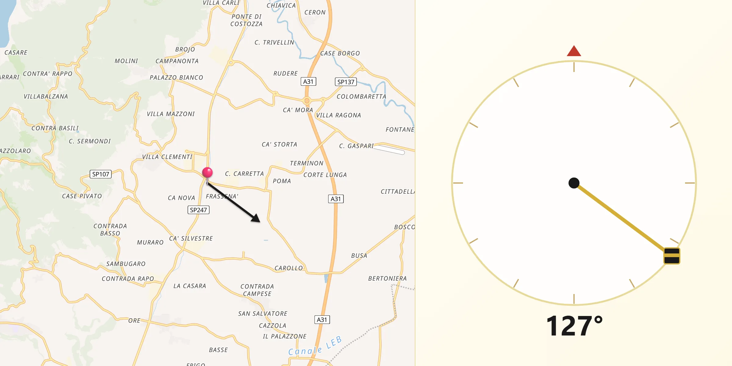 Direzione della Qibla da Ponte di Castegnero