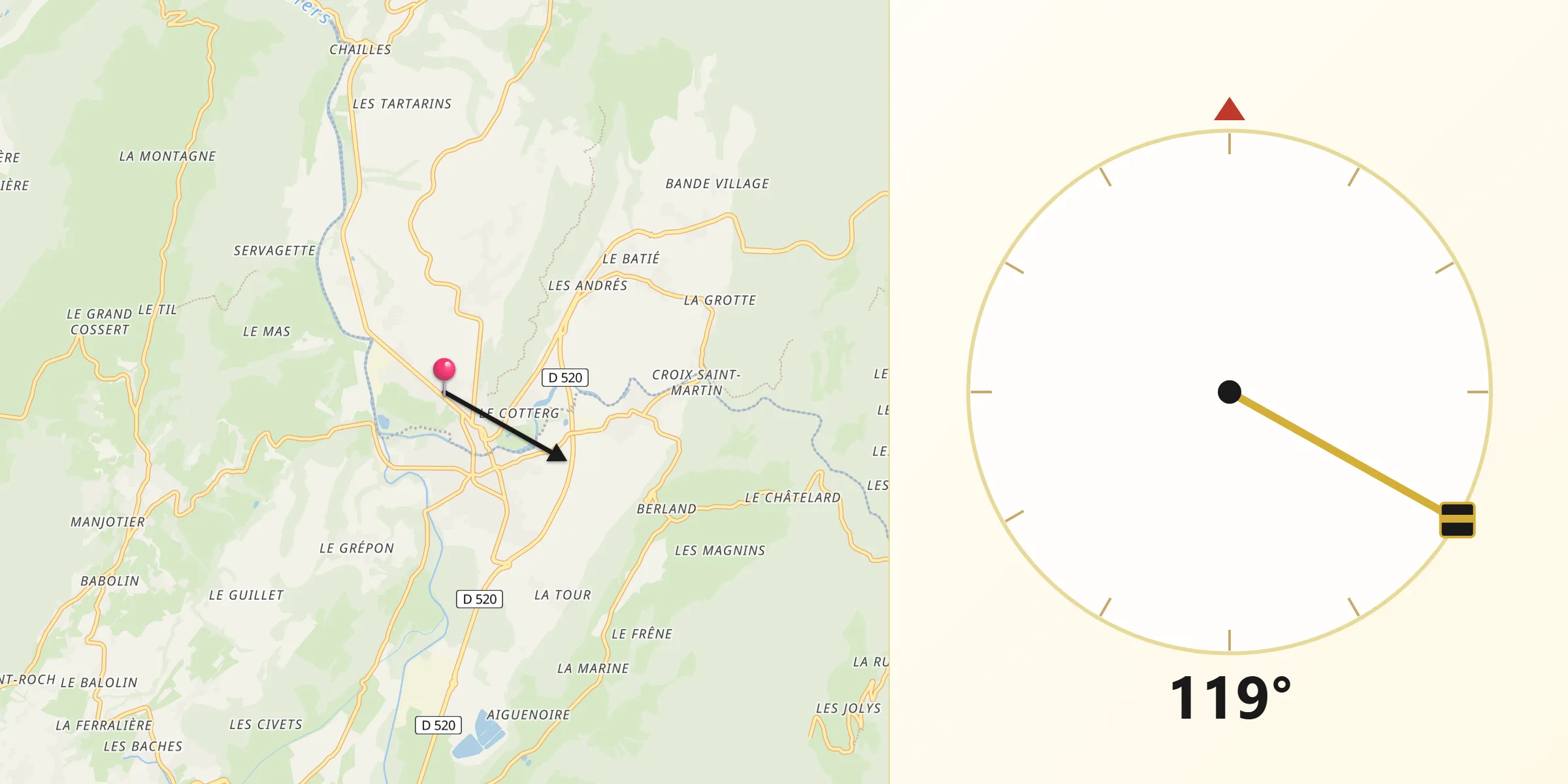 Direction vers la Qibla depuis Les Échelles