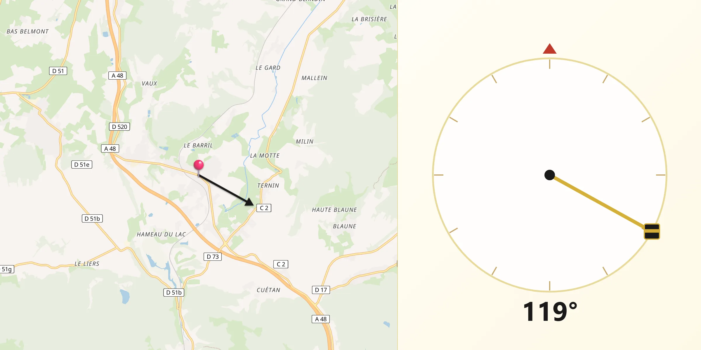 Direction vers la Qibla depuis Châbons
