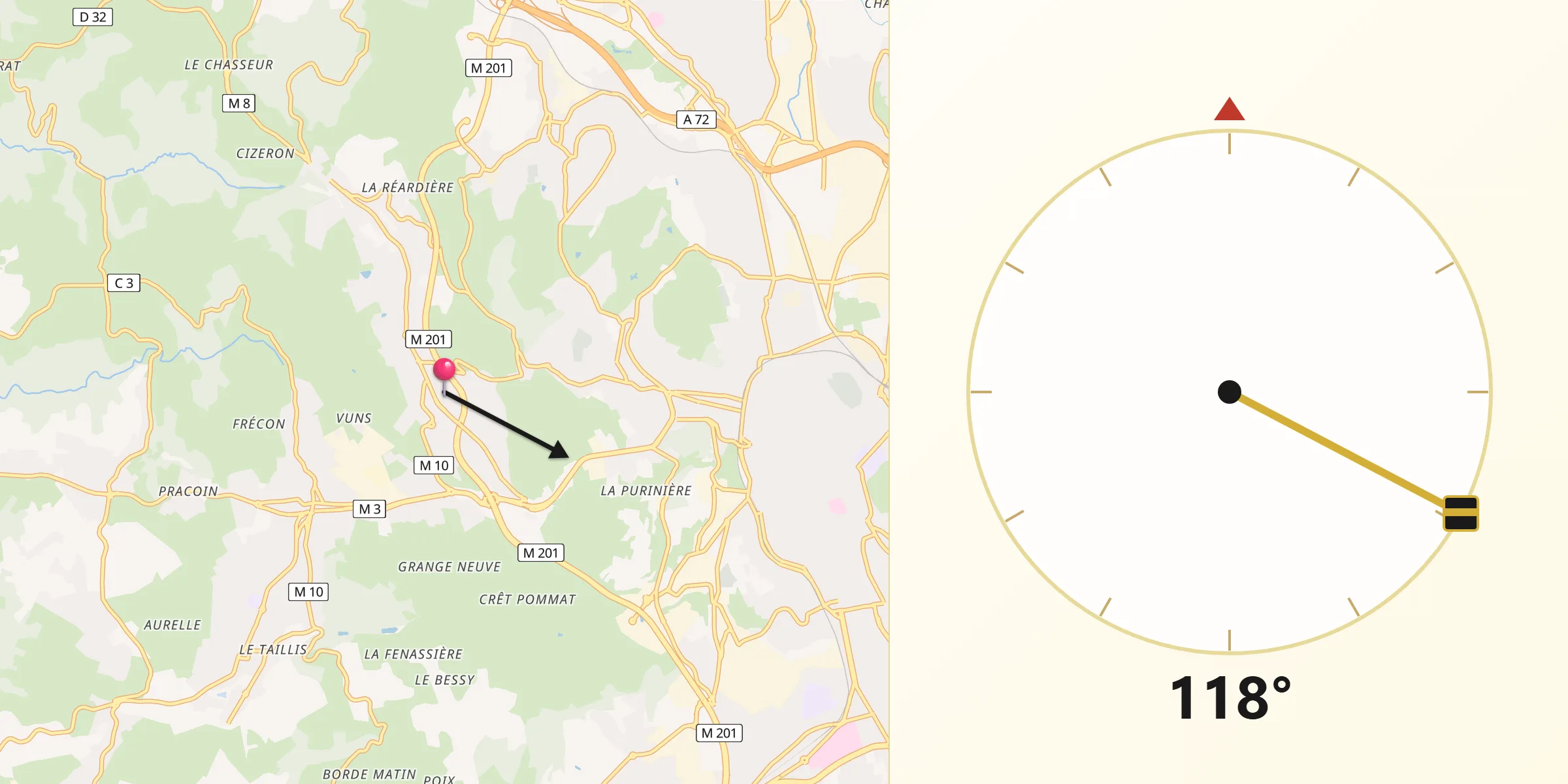 Direction vers la Qibla depuis Saint-Genest-Lerpt