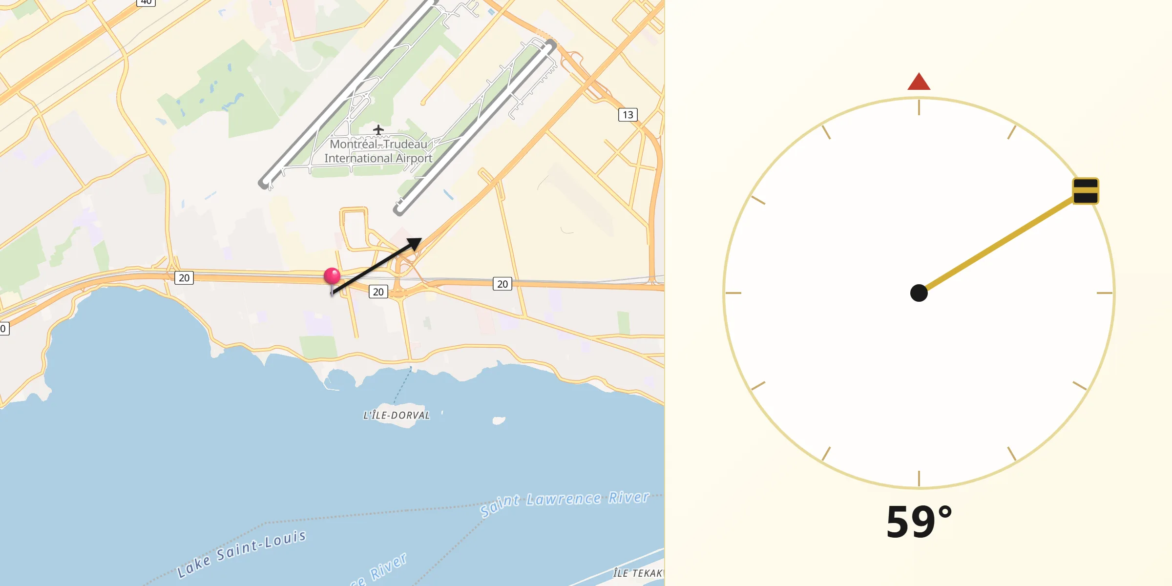 Qibla Direction from Dorval