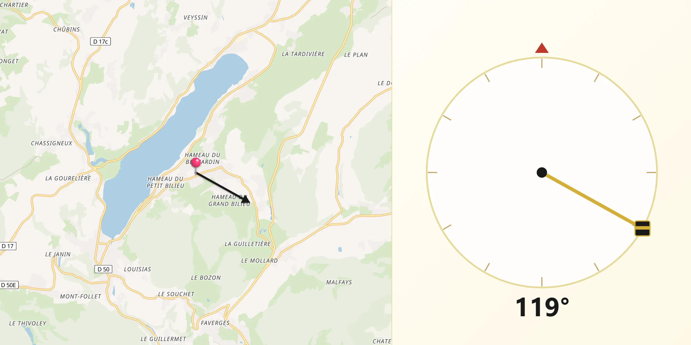 Direction vers la Qibla depuis Bilieu