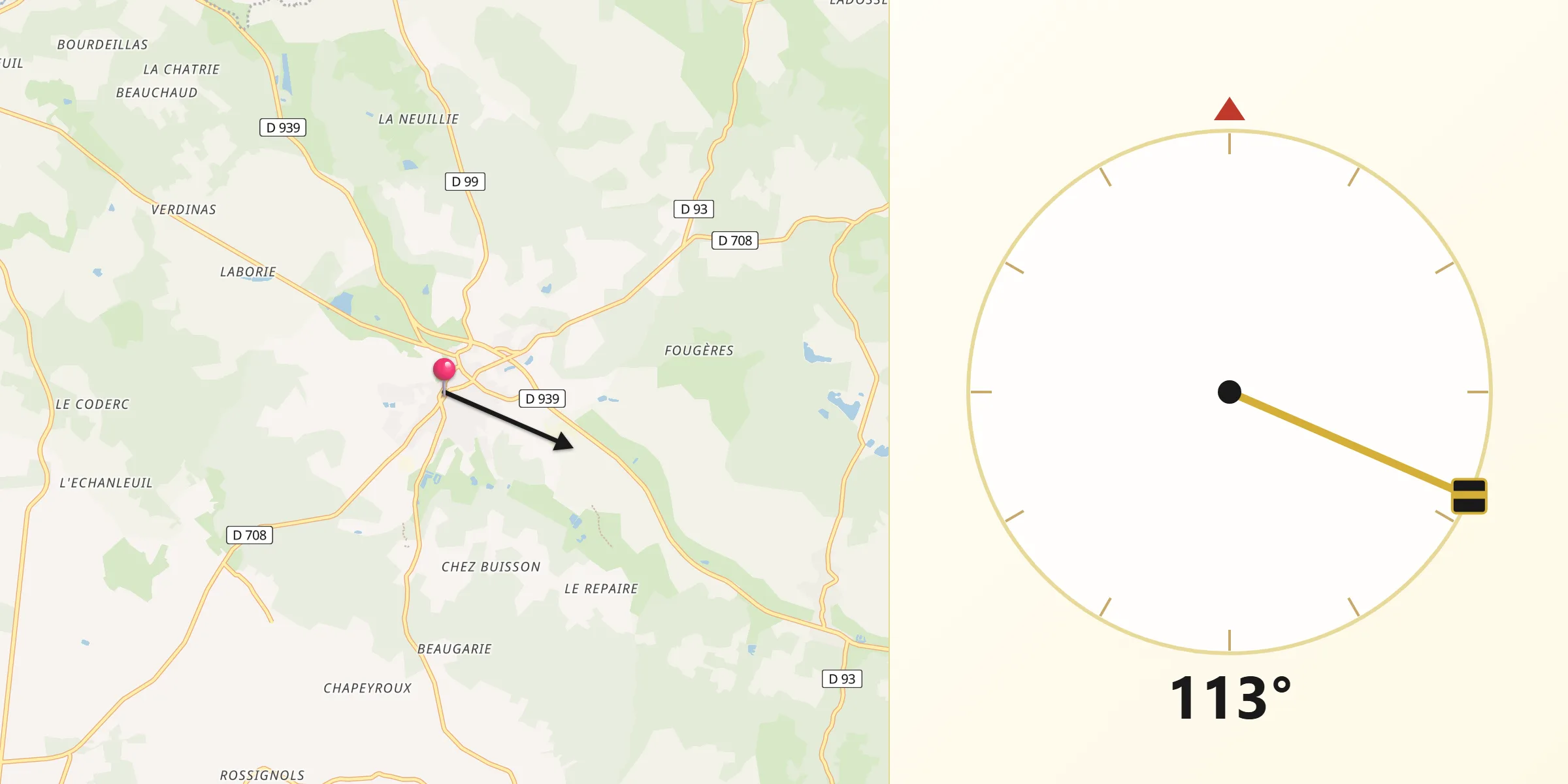 Direction vers la Qibla depuis Mareuil