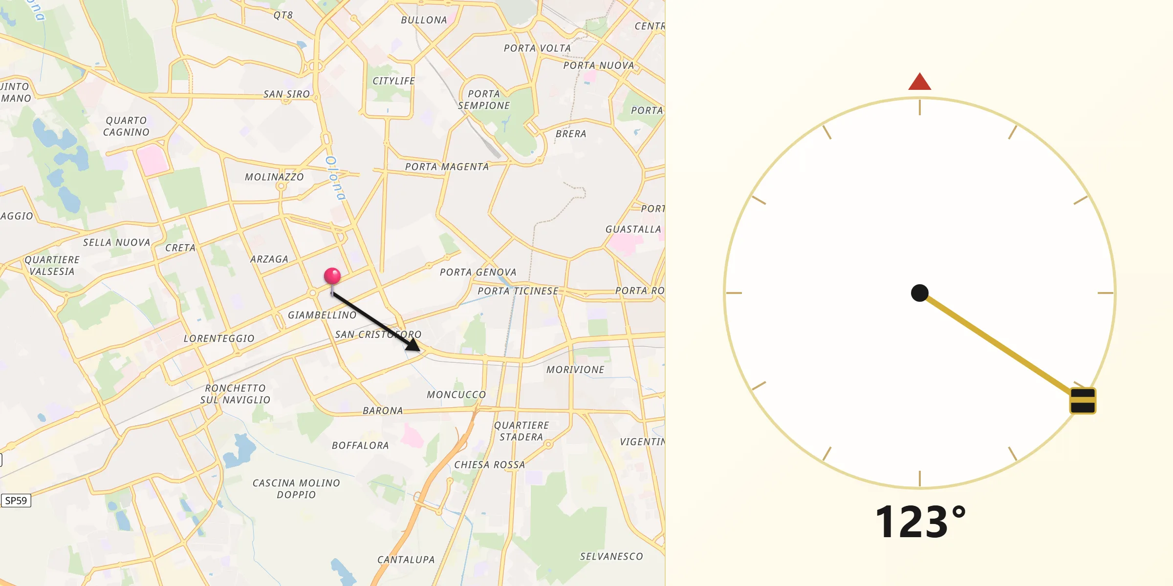Direzione della Qibla da Metropolitan City of Milan