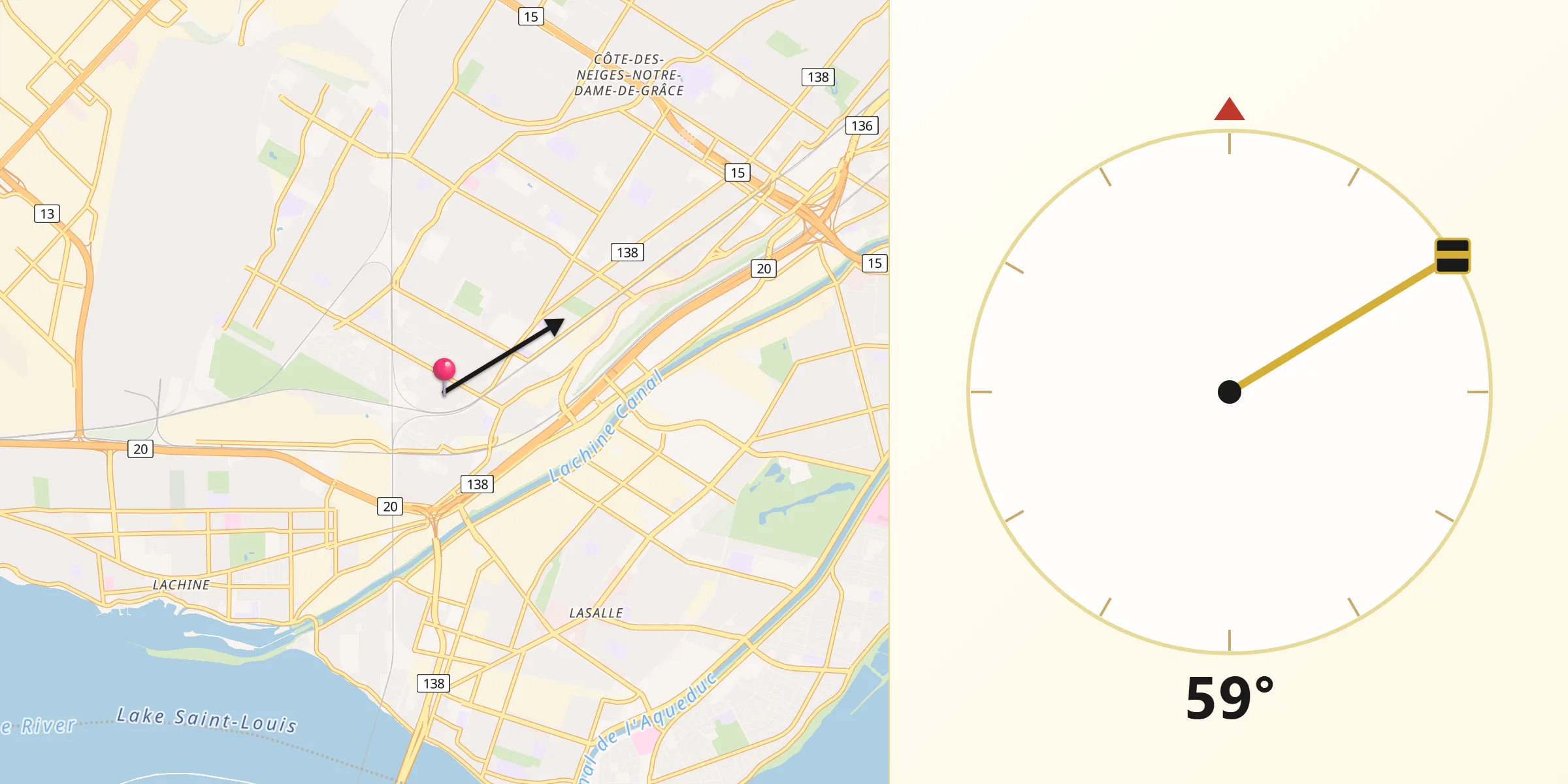 Qibla Direction from Montréal-Ouest