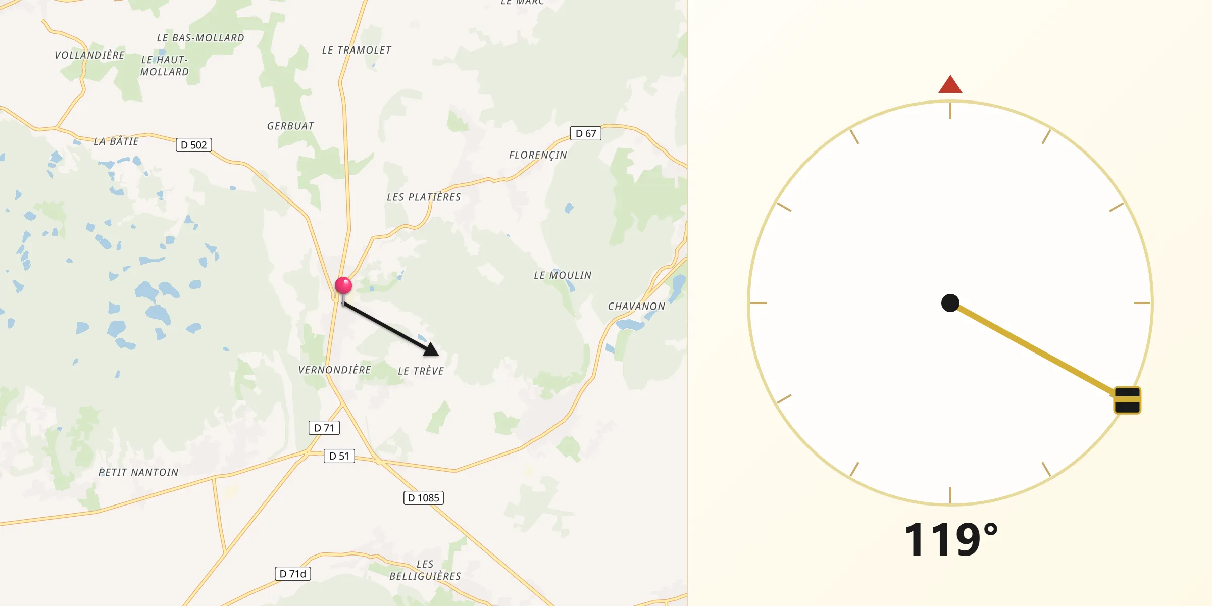Direction vers la Qibla depuis Champier