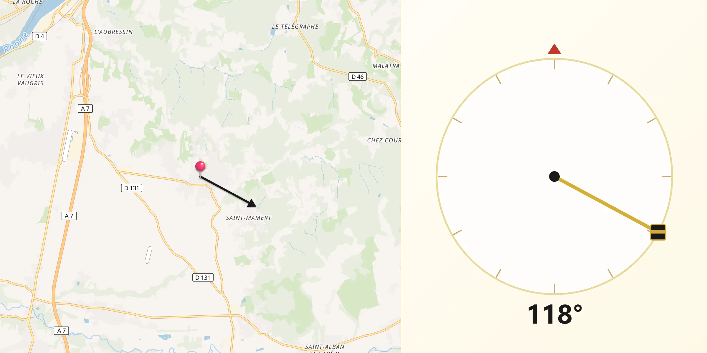 Direction vers la Qibla depuis Les Côtes-d'Arey