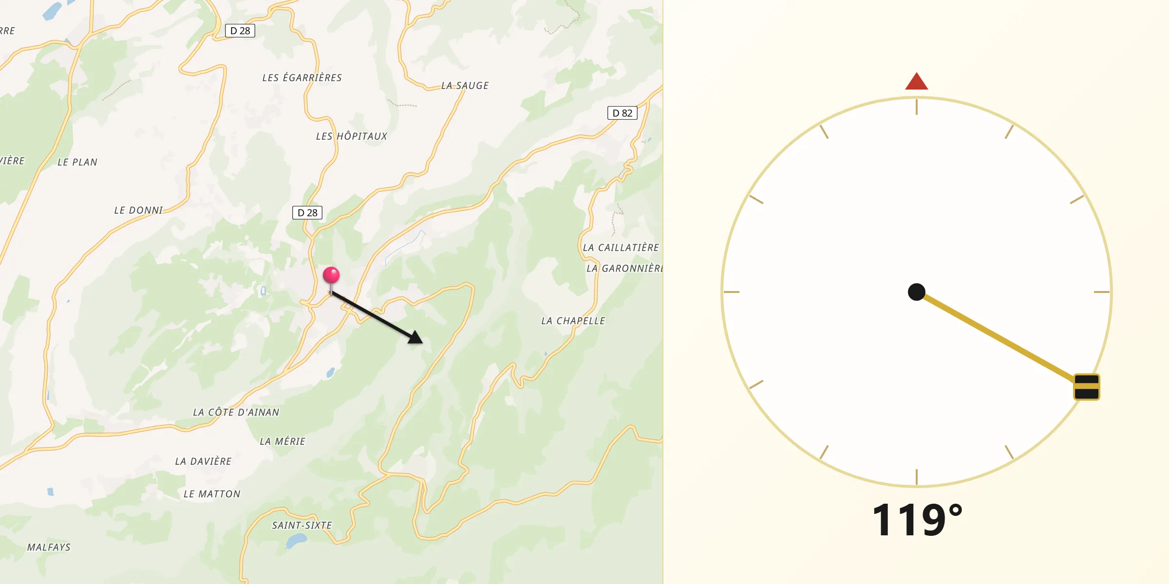Direction vers la Qibla depuis Saint-Geoire-en-Valdaine