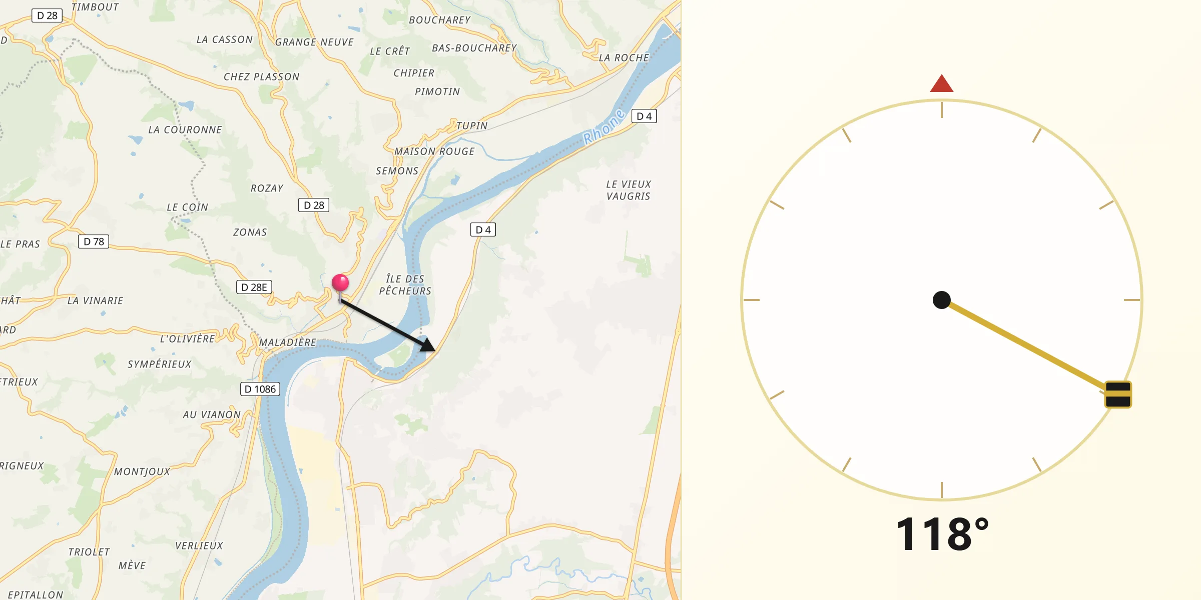 Direction vers la Qibla depuis Condrieu