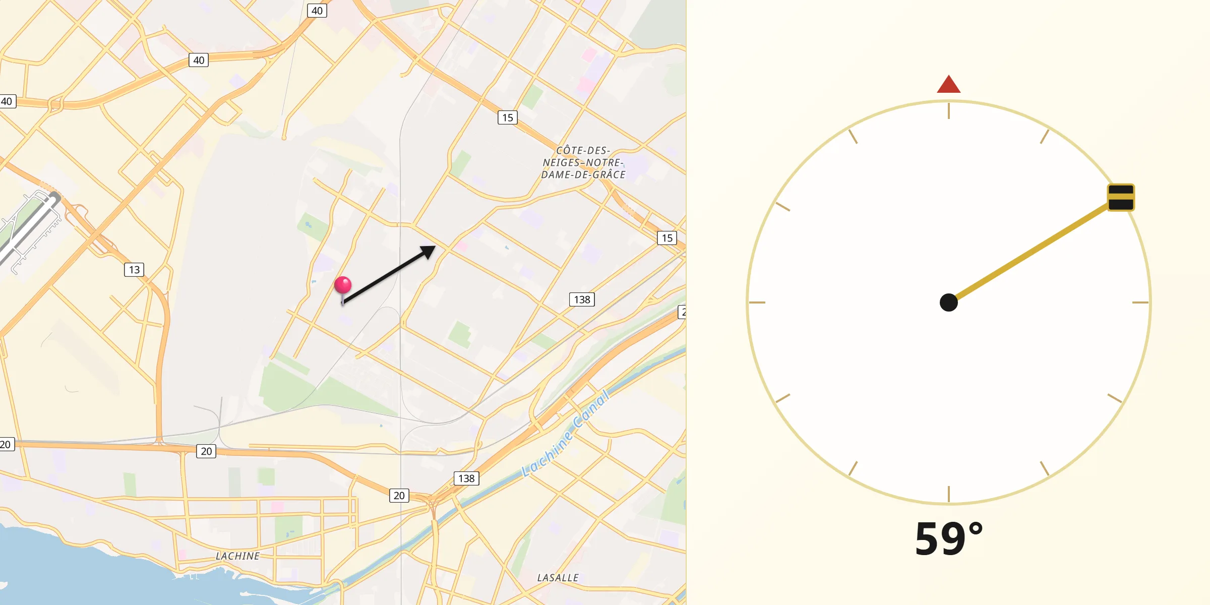 Qibla Direction from Côte-Saint-Luc