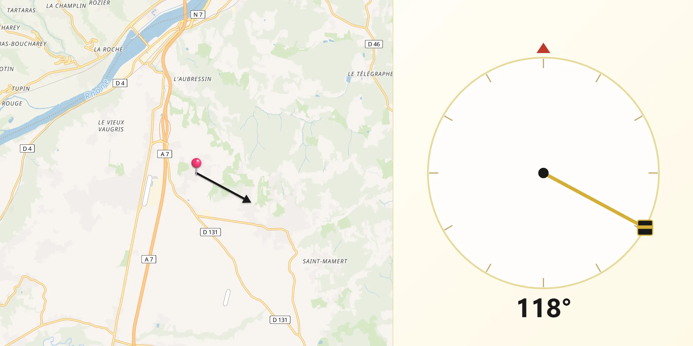 Direction vers la Qibla depuis Reventin-Vaugris