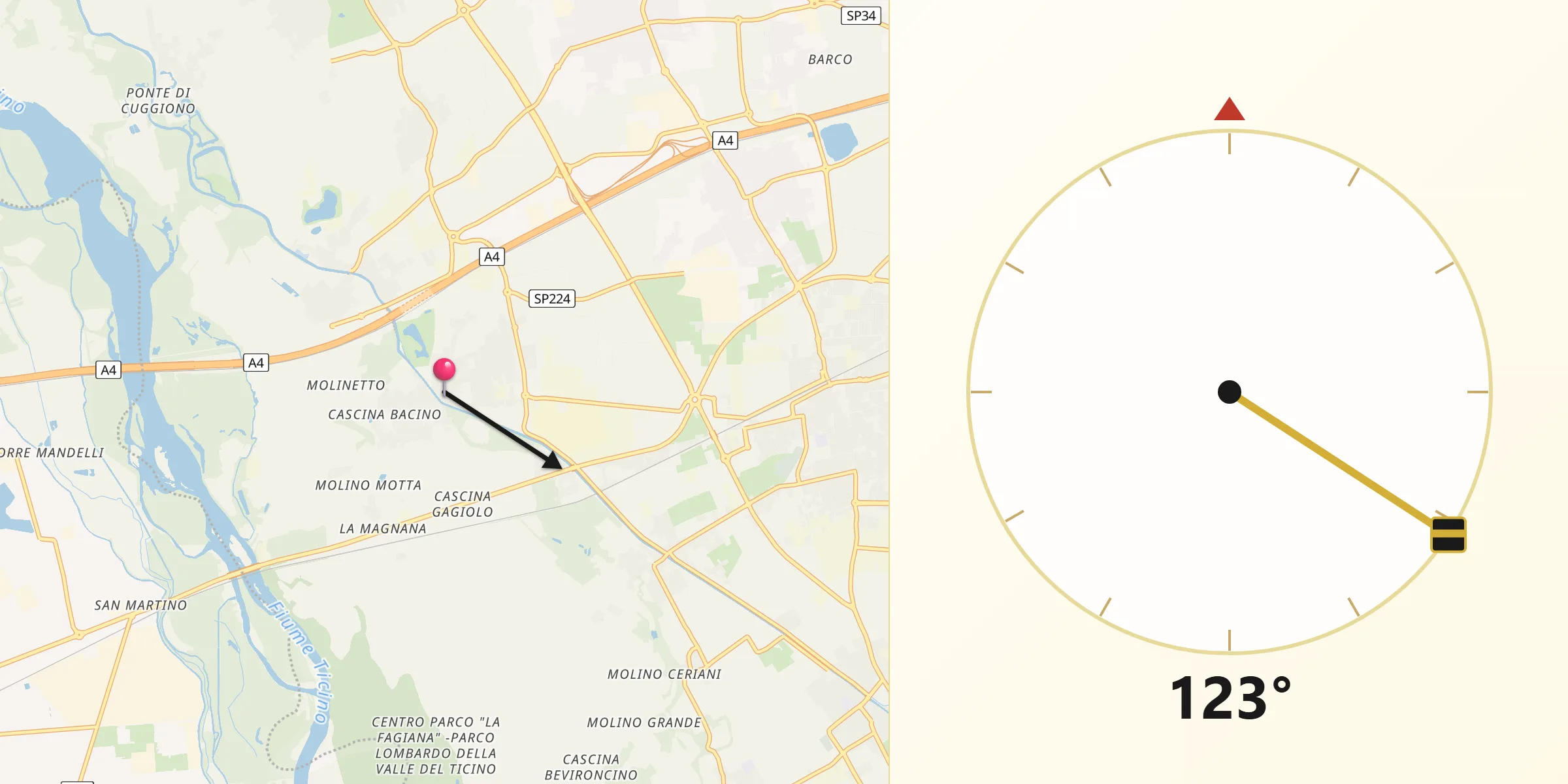 Direzione della Qibla da Boffalora Sopra Ticino
