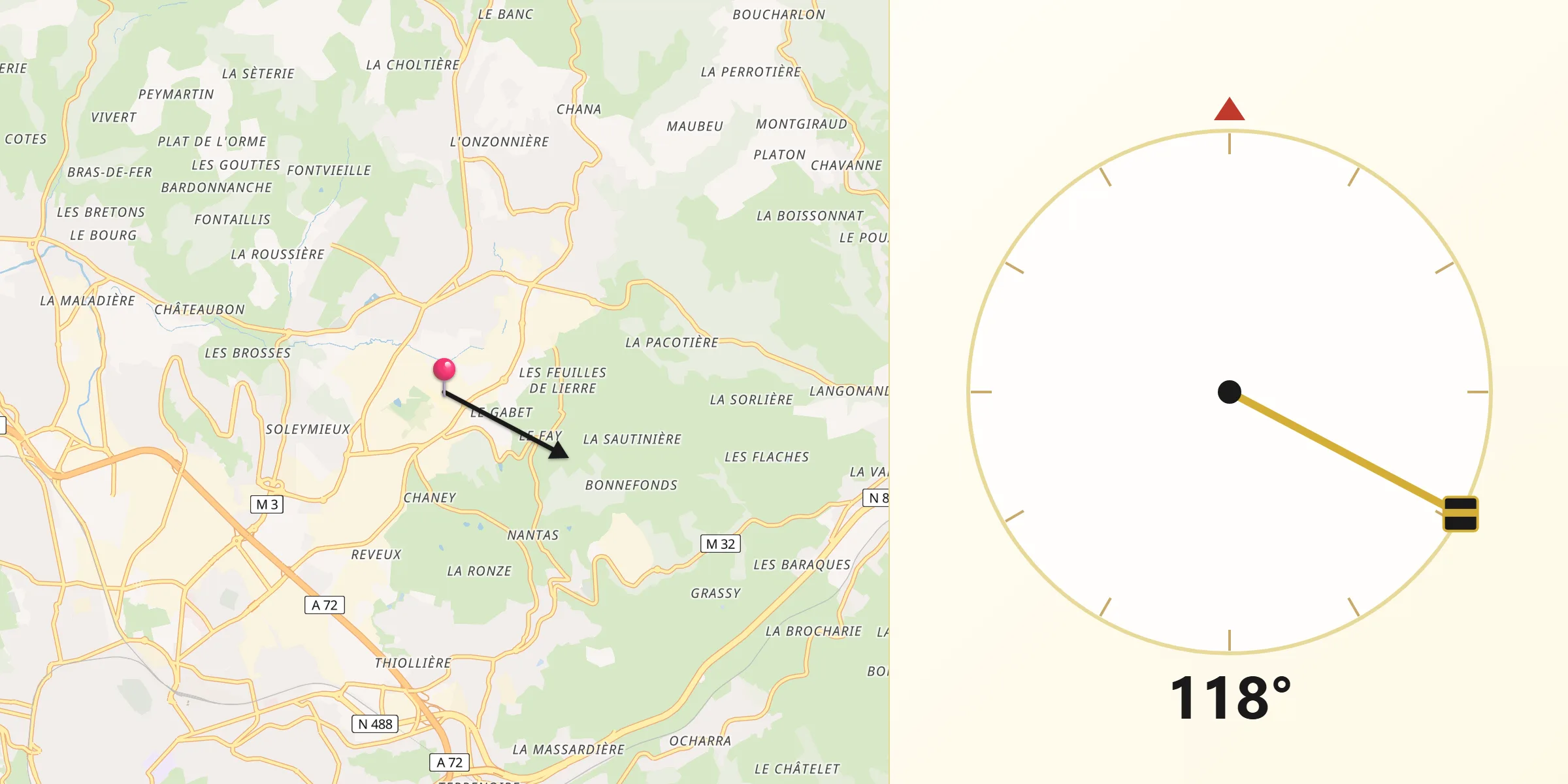 Direction vers la Qibla depuis Département de la Loire