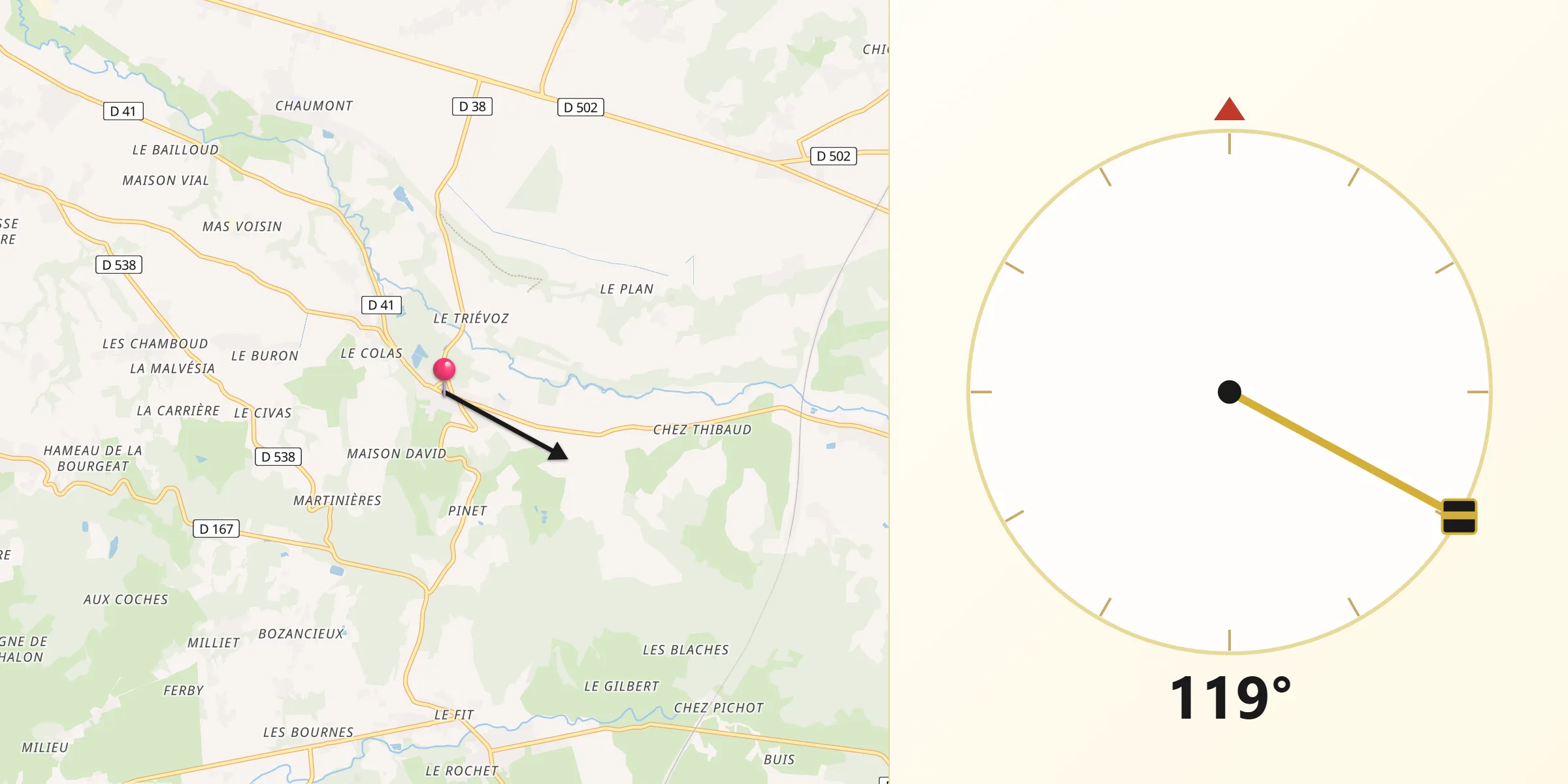 Direction vers la Qibla depuis Eyzin-Pinet