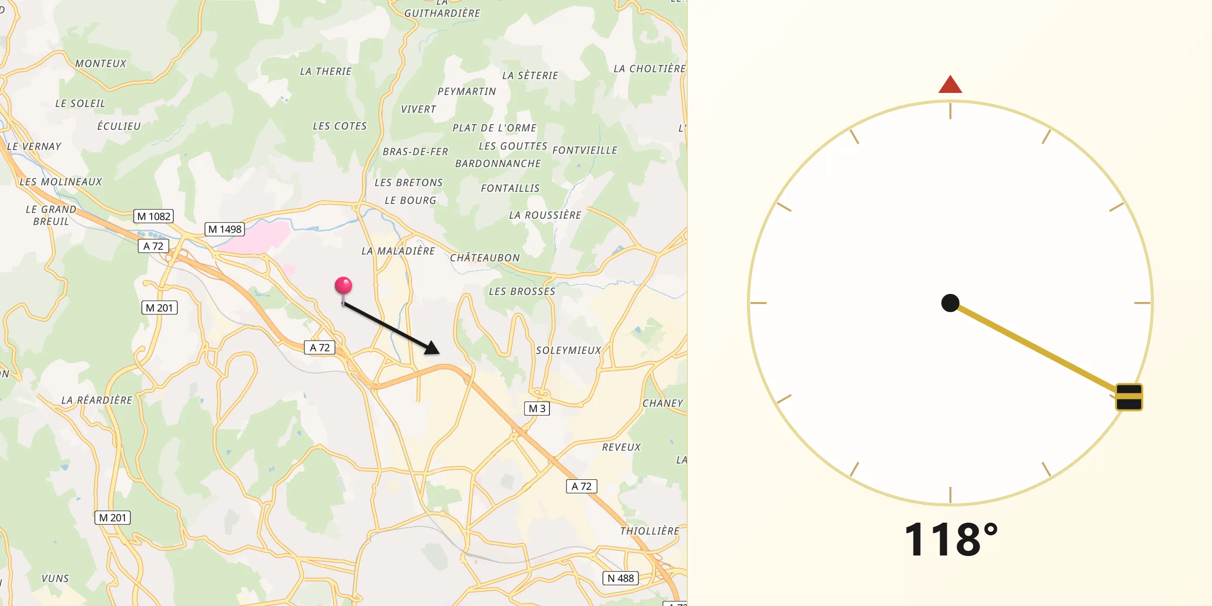 Direction vers la Qibla depuis Saint-Priest-en-Jarez