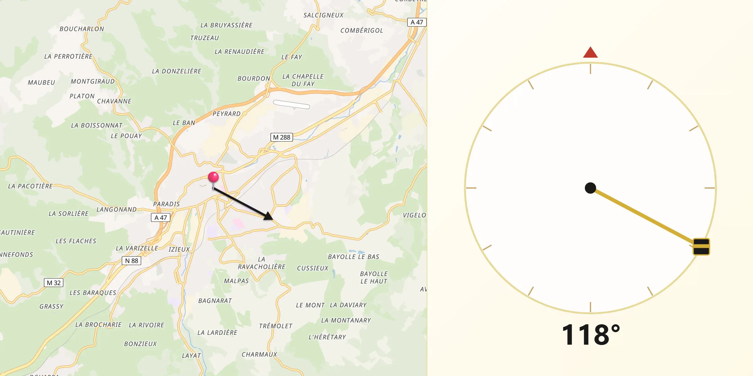 Direction vers la Qibla depuis Saint-Chamond