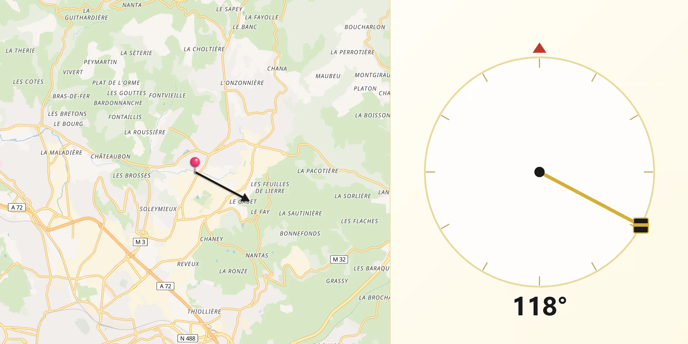 Direction vers la Qibla depuis La Talaudière