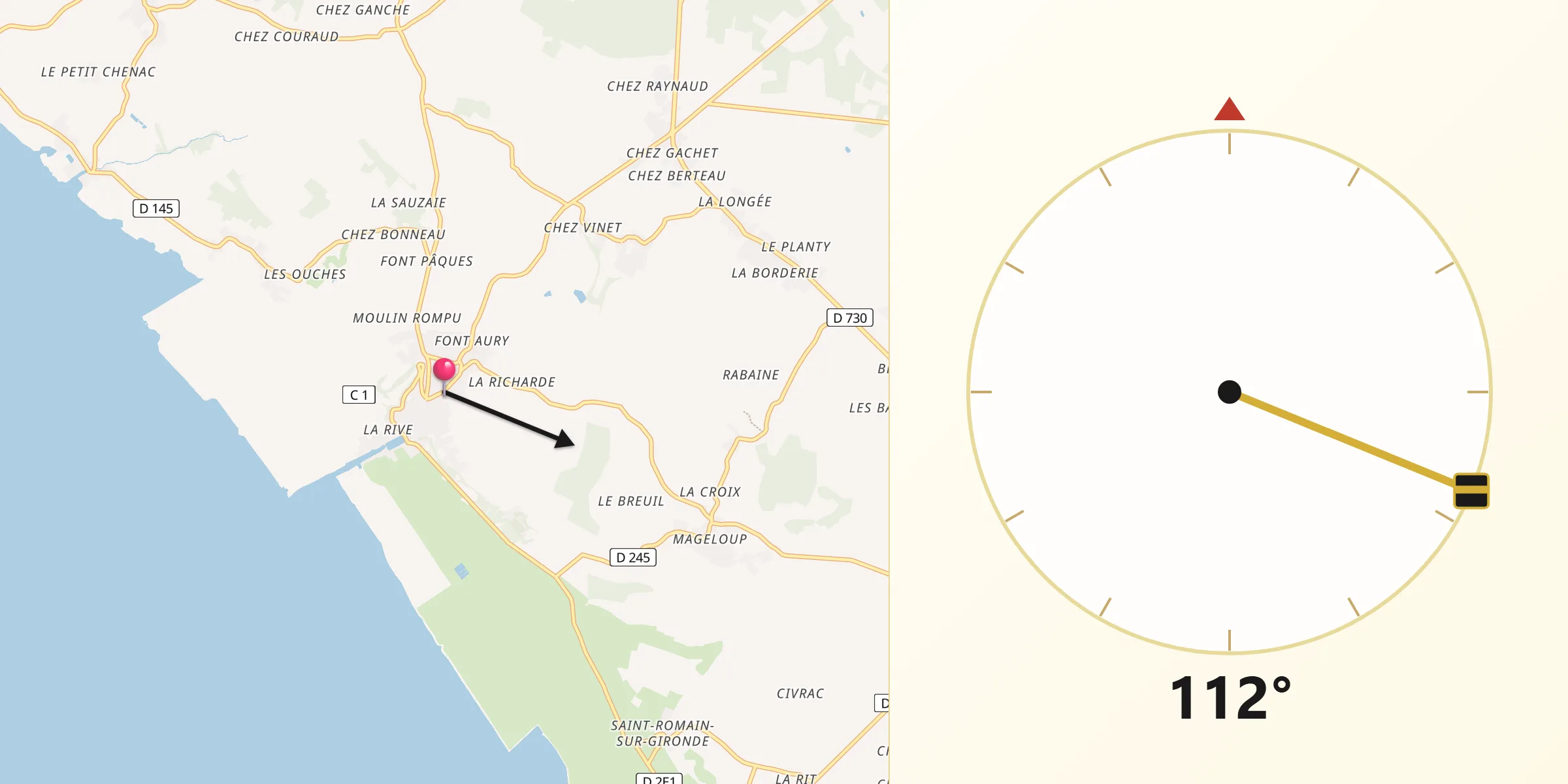 Direction vers la Qibla depuis Mortagne-sur-Gironde