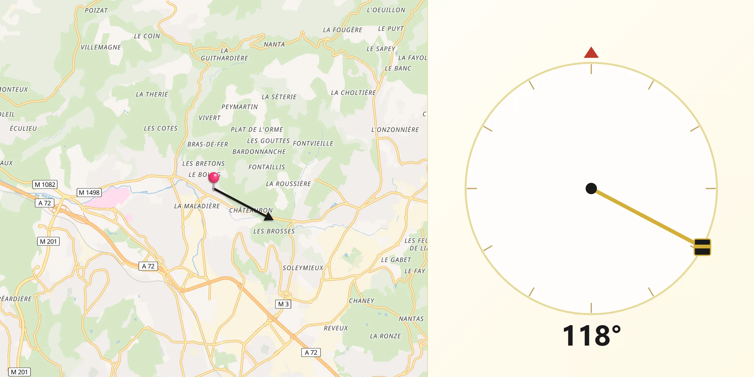 Direction vers la Qibla depuis La Tour-en-Jarez