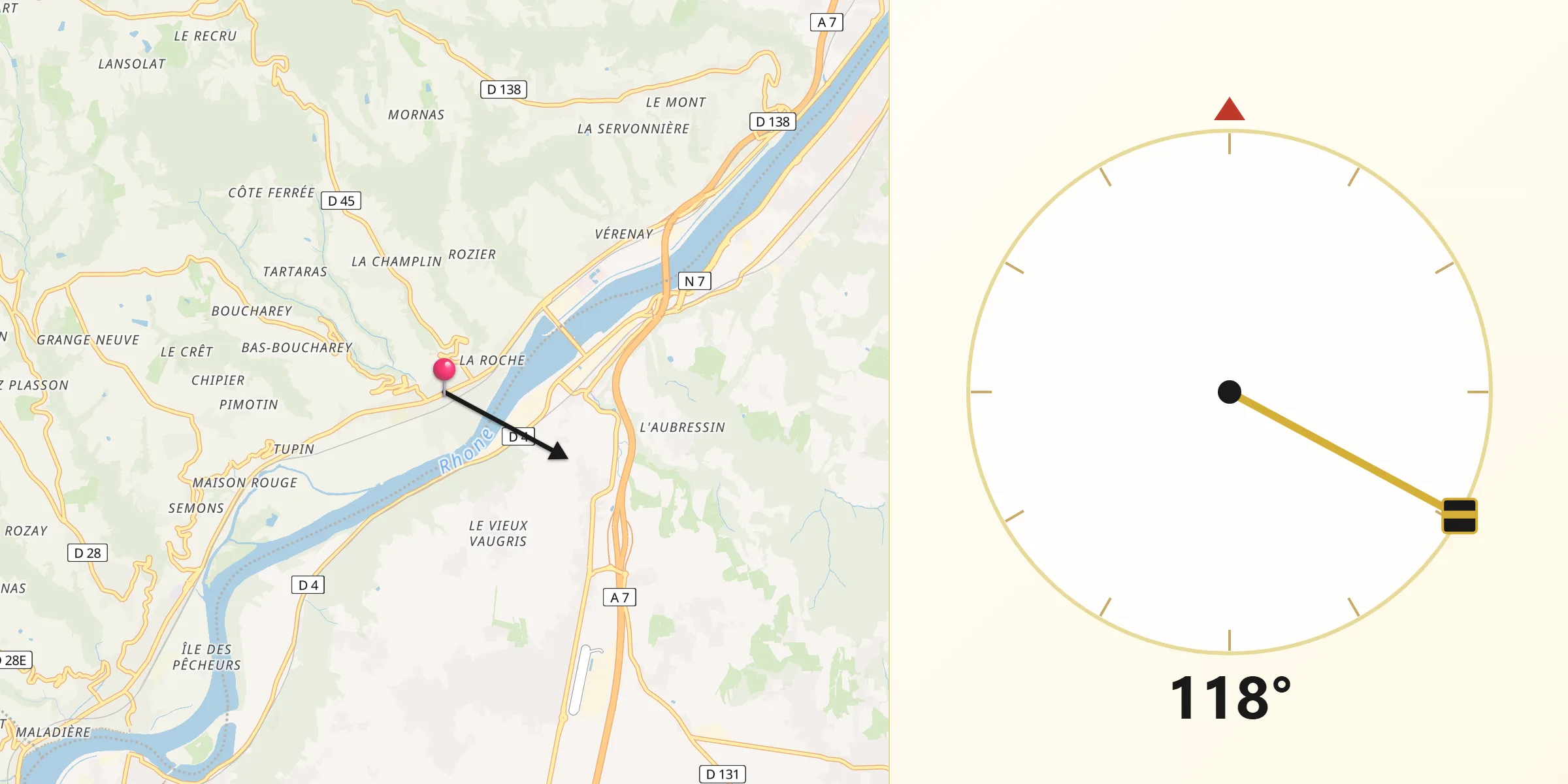 Direction vers la Qibla depuis Ampuis