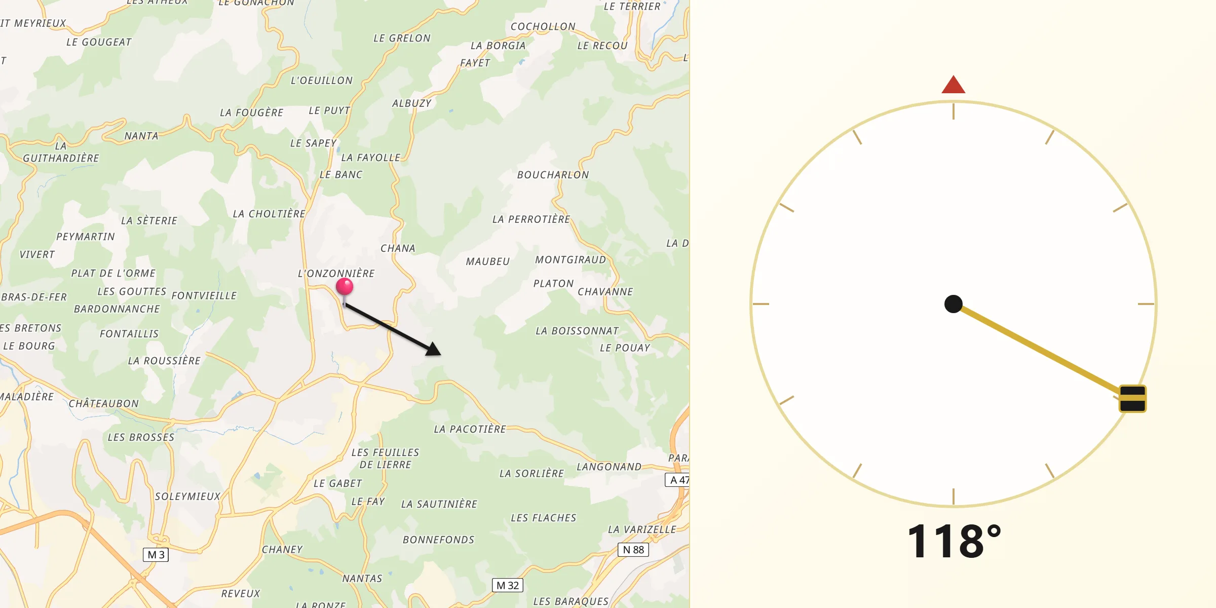 Direction vers la Qibla depuis Sorbiers