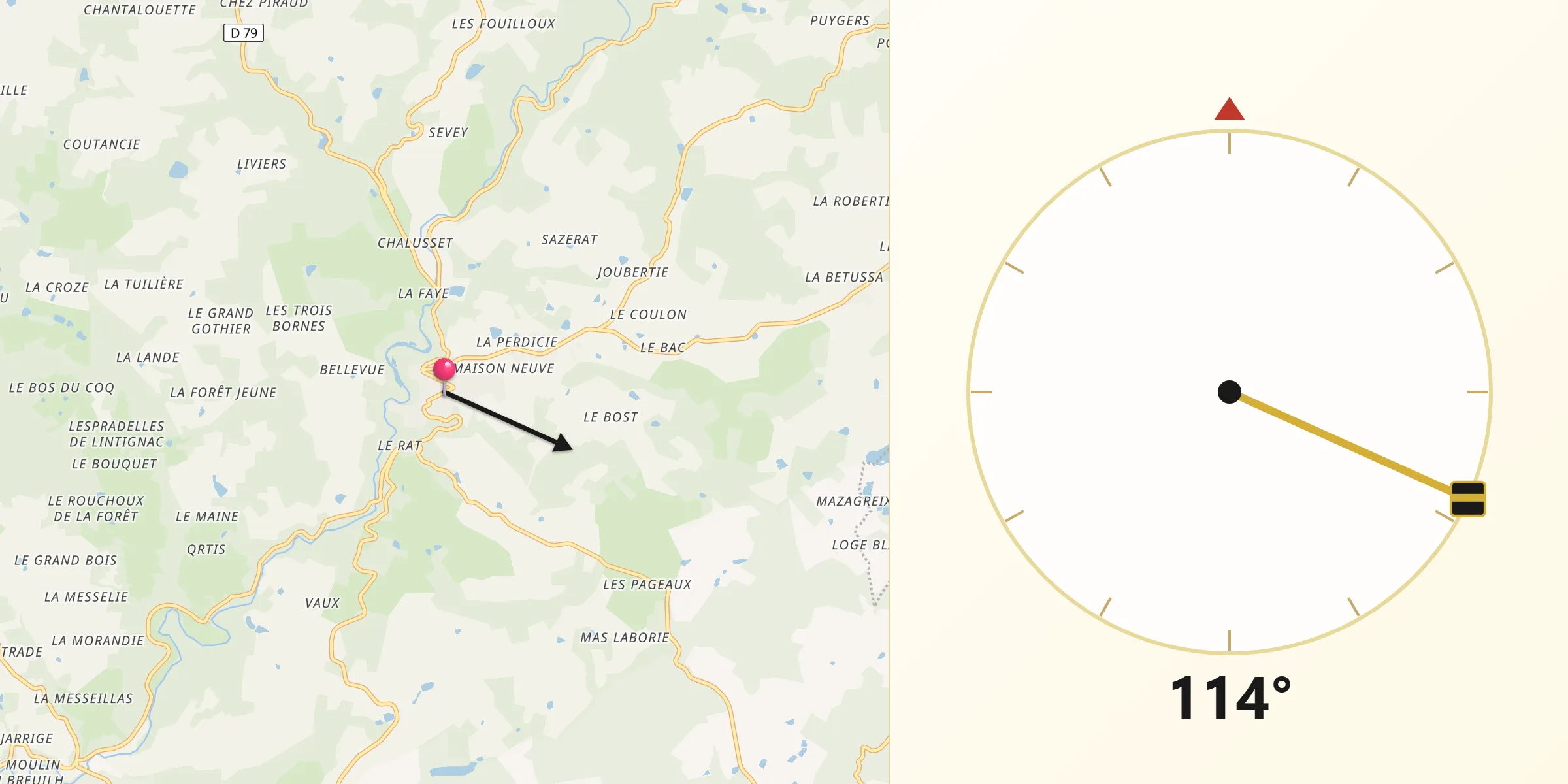 Direction vers la Qibla depuis Jumilhac-le-Grand