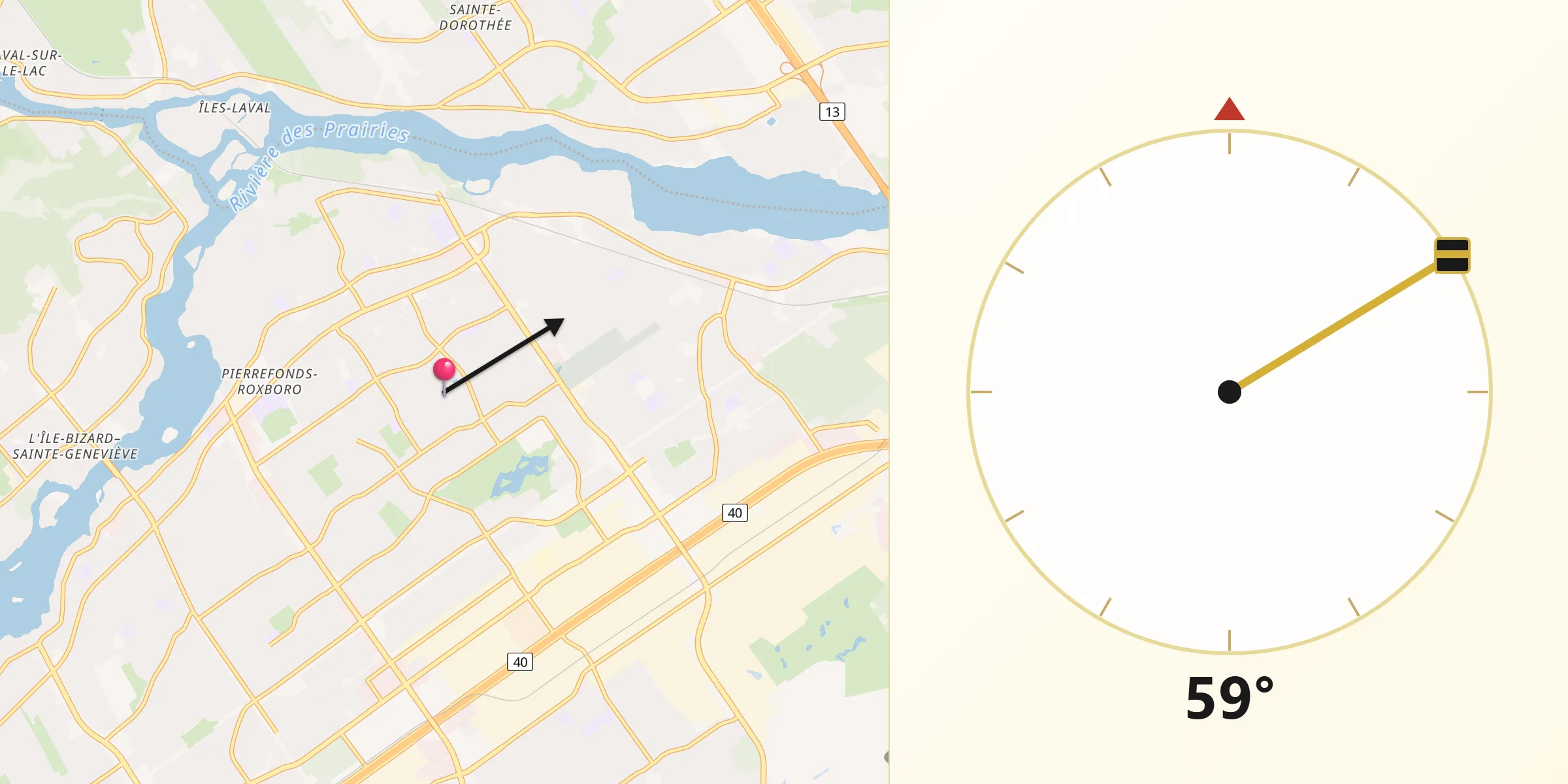 Qibla Direction from Dollard-des-Ormeaux