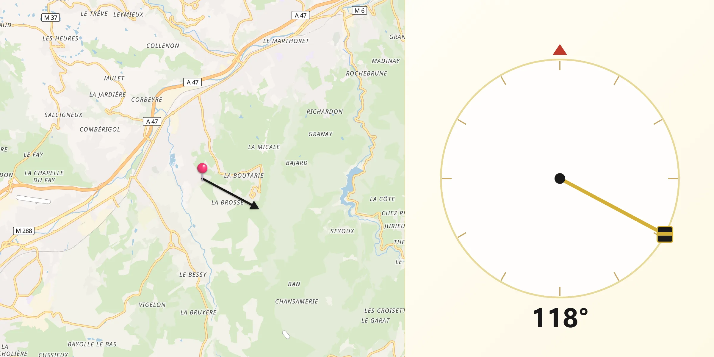 Direction vers la Qibla depuis Farnay