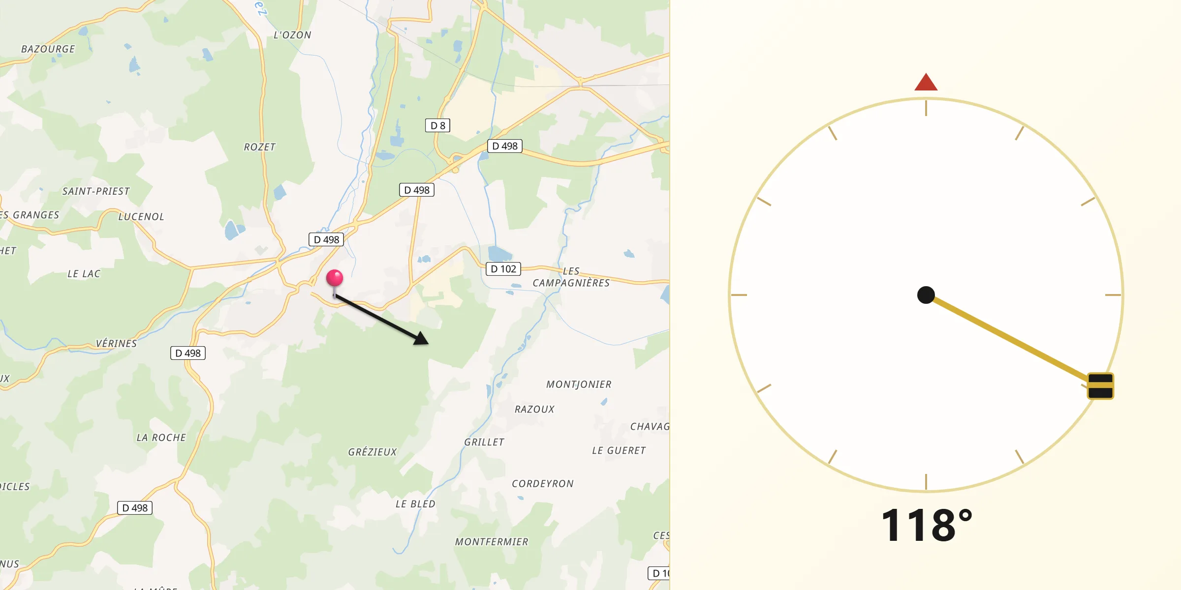 Direction vers la Qibla depuis Saint-Marcellin-en-Forez