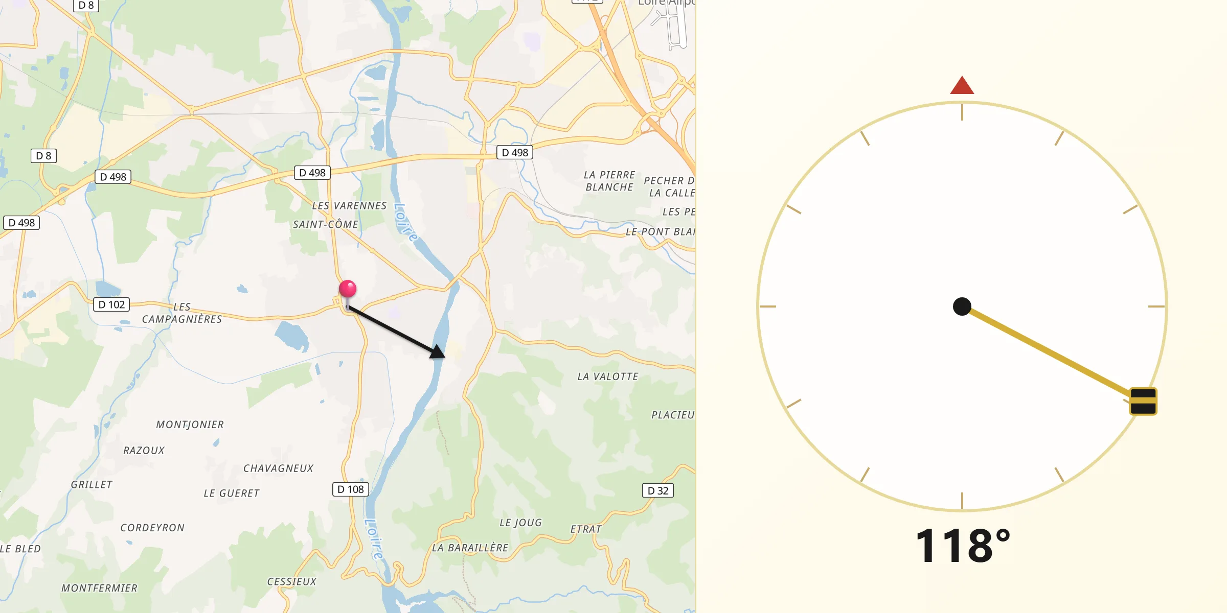 Direction vers la Qibla depuis Saint-Just-Saint-Rambert